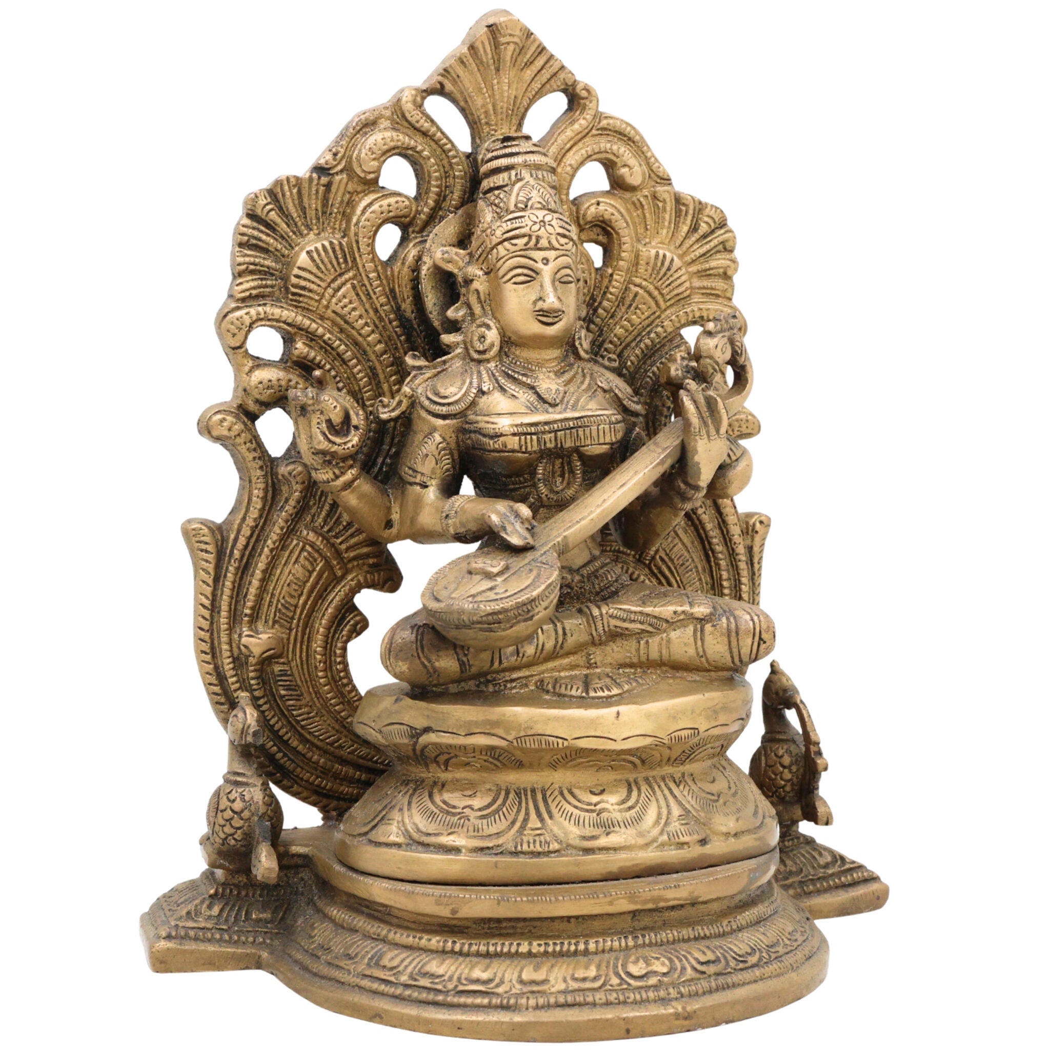Brass Saraswati Idol, Peetal Sharada Devi Murti, Vagdevi Veenapani Statue, Bharati Gayatri Saraswati Vigraha for Pooja Room, Home Decor & Gifts,Gold, 9.5 Inch, 1 Piece