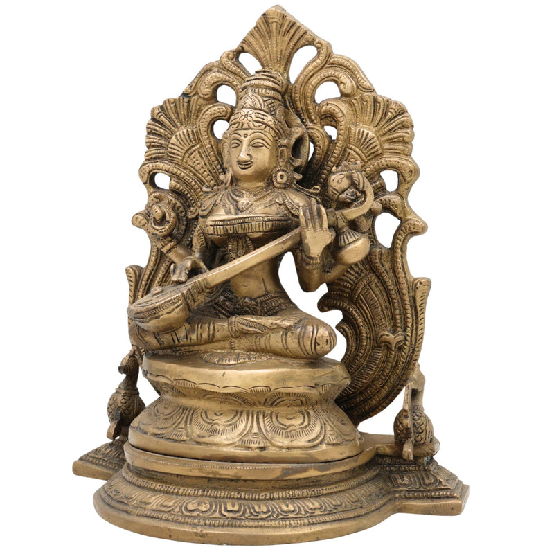 Brass Saraswati Idol, Peetal Sharada Devi Murti, Vagdevi Veenapani Statue, Bharati Gayatri Saraswati Vigraha for Pooja Room, Home Decor & Gifts,Gold, 9.5 Inch, 1 Piece