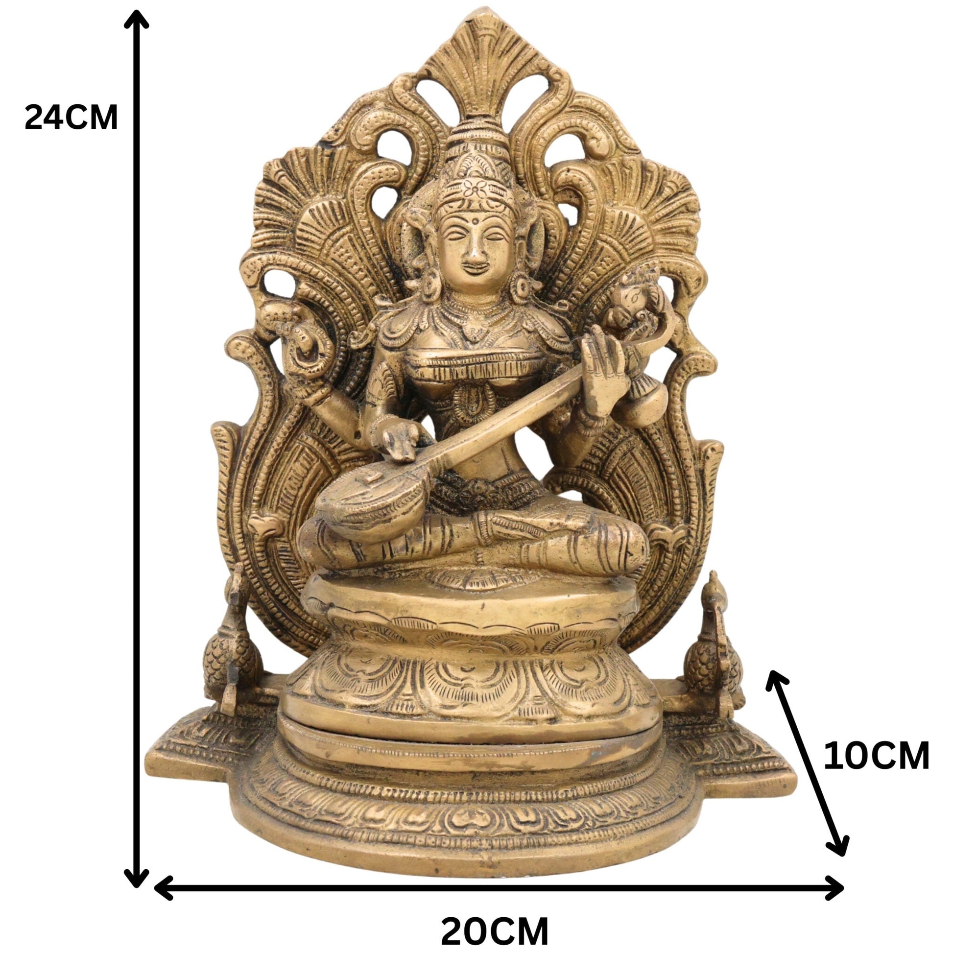 Brass Saraswati Idol, Peetal Sharada Devi Murti, Vagdevi Veenapani Statue, Bharati Gayatri Saraswati Vigraha for Pooja Room, Home Decor & Gifts,Gold, 9.5 Inch, 1 Piece