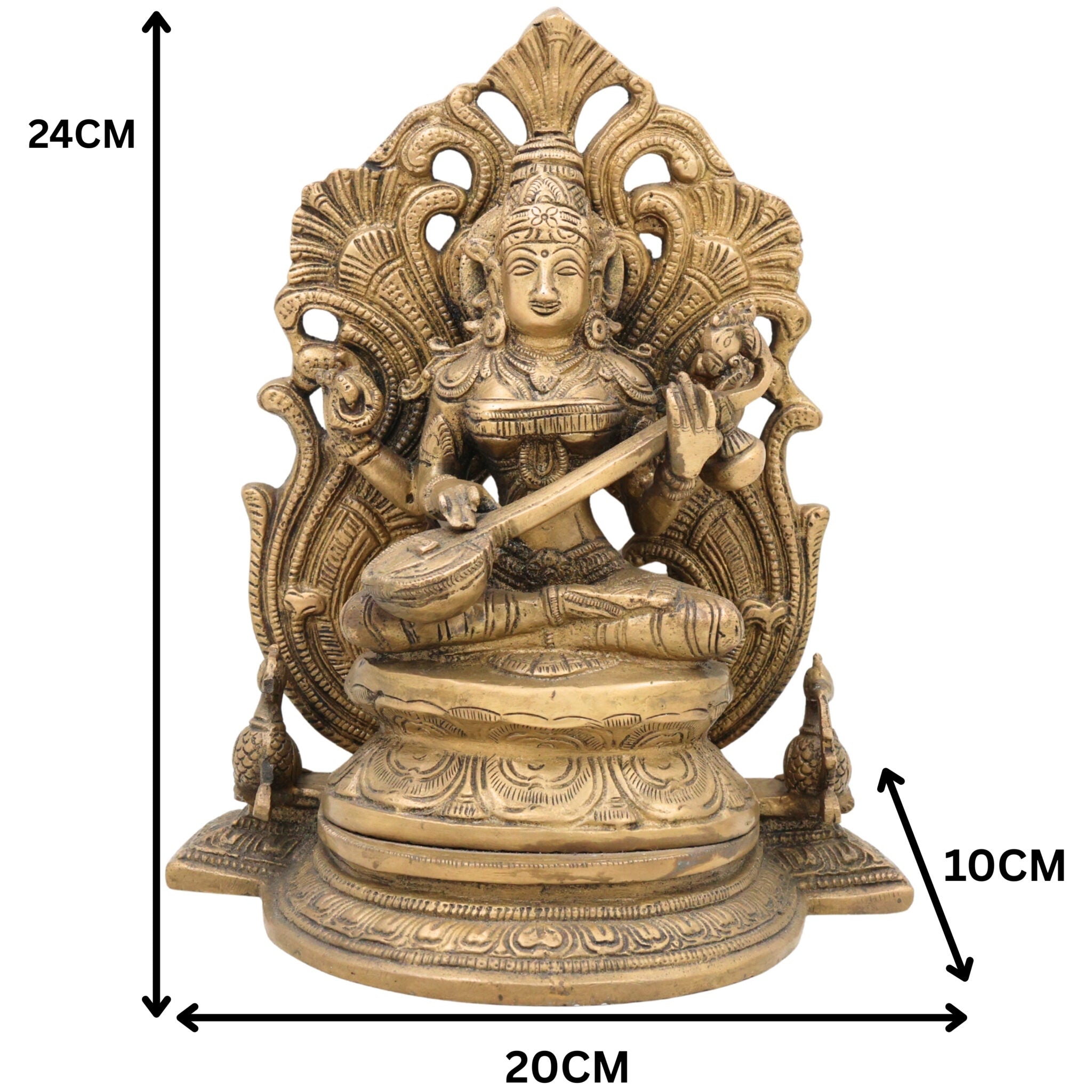 Brass Saraswati Idol, Peetal Sharada Devi Murti, Vagdevi Veenapani Statue, Bharati Gayatri Saraswati Vigraha for Pooja Room, Home Decor & Gifts,Gold, 9.5 Inch, 1 Piece