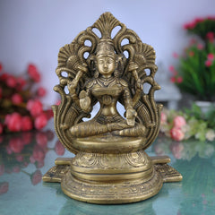 Brass Mahalakshmi Padmasana Idol with Prabhavali – Handcrafted Shree Lakshmi | Kamala Devi | Dhana Lakshmi | Gaja Lakshmi | Ashtalakshmi Statue for Puja, Home & Temple Decor,Gold, 9.5 Inch, 1 Piece