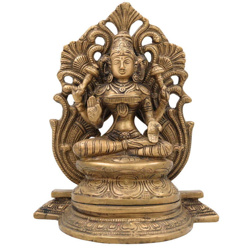 Brass Mahalakshmi Padmasana Idol with Prabhavali – Handcrafted Shree Lakshmi | Kamala Devi | Dhana Lakshmi | Gaja Lakshmi | Ashtalakshmi Statue for Puja, Home & Temple Decor,Gold, 9.5 Inch, 1 Piece