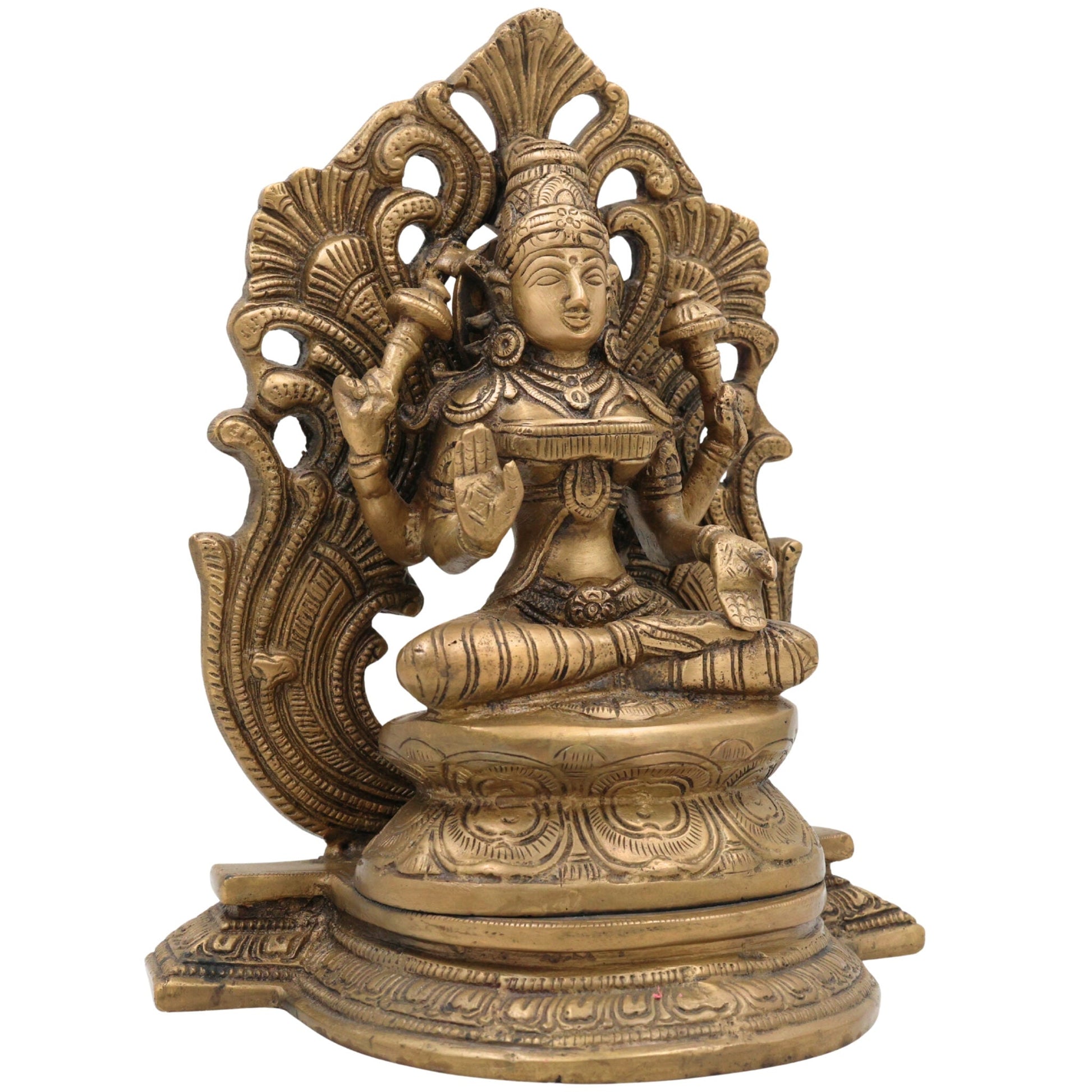 Brass Mahalakshmi Padmasana Idol with Prabhavali – Handcrafted Shree Lakshmi | Kamala Devi | Dhana Lakshmi | Gaja Lakshmi | Ashtalakshmi Statue for Puja, Home & Temple Decor,Gold, 9.5 Inch, 1 Piece