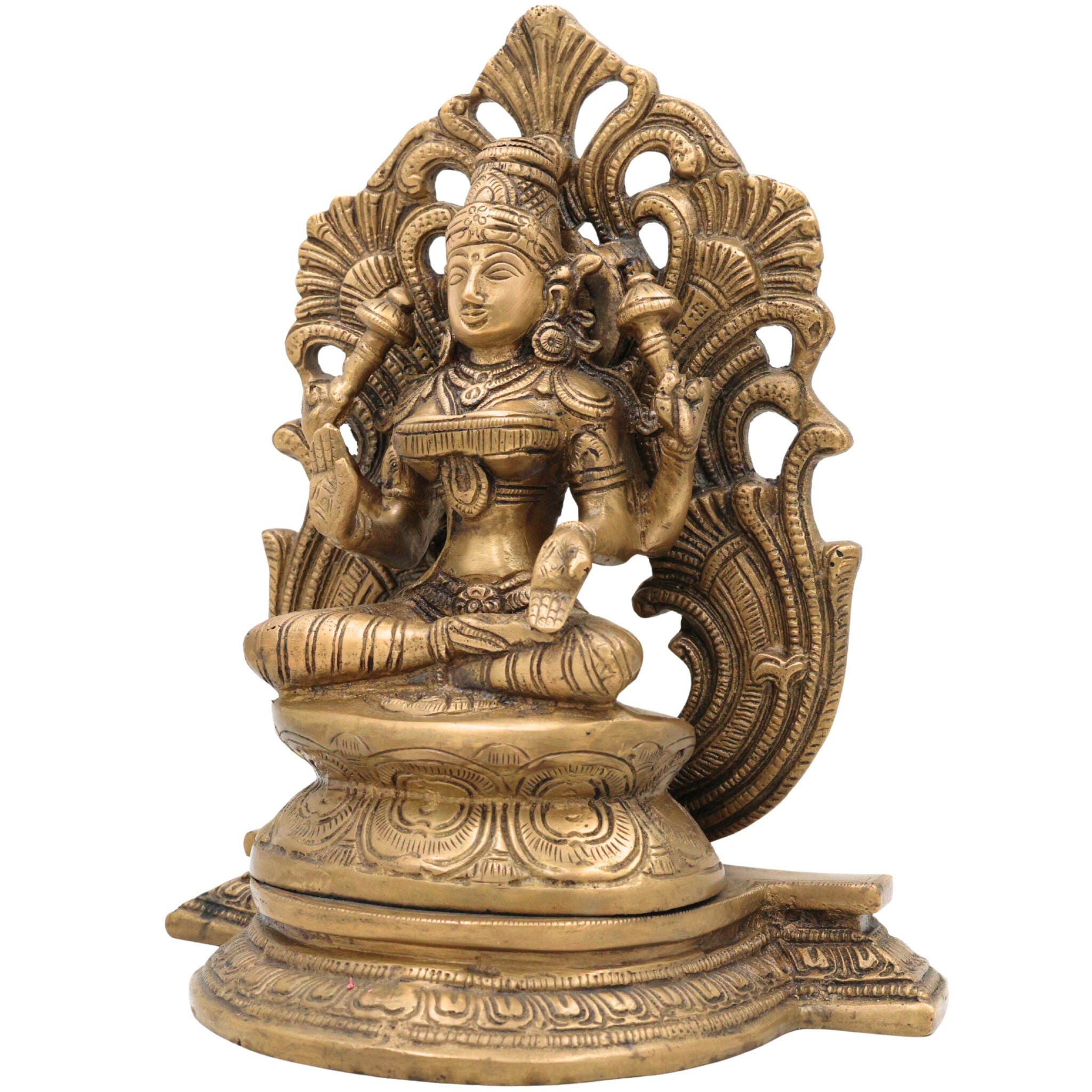 Brass Mahalakshmi Padmasana Idol with Prabhavali – Handcrafted Shree Lakshmi | Kamala Devi | Dhana Lakshmi | Gaja Lakshmi | Ashtalakshmi Statue for Puja, Home & Temple Decor,Gold, 9.5 Inch, 1 Piece
