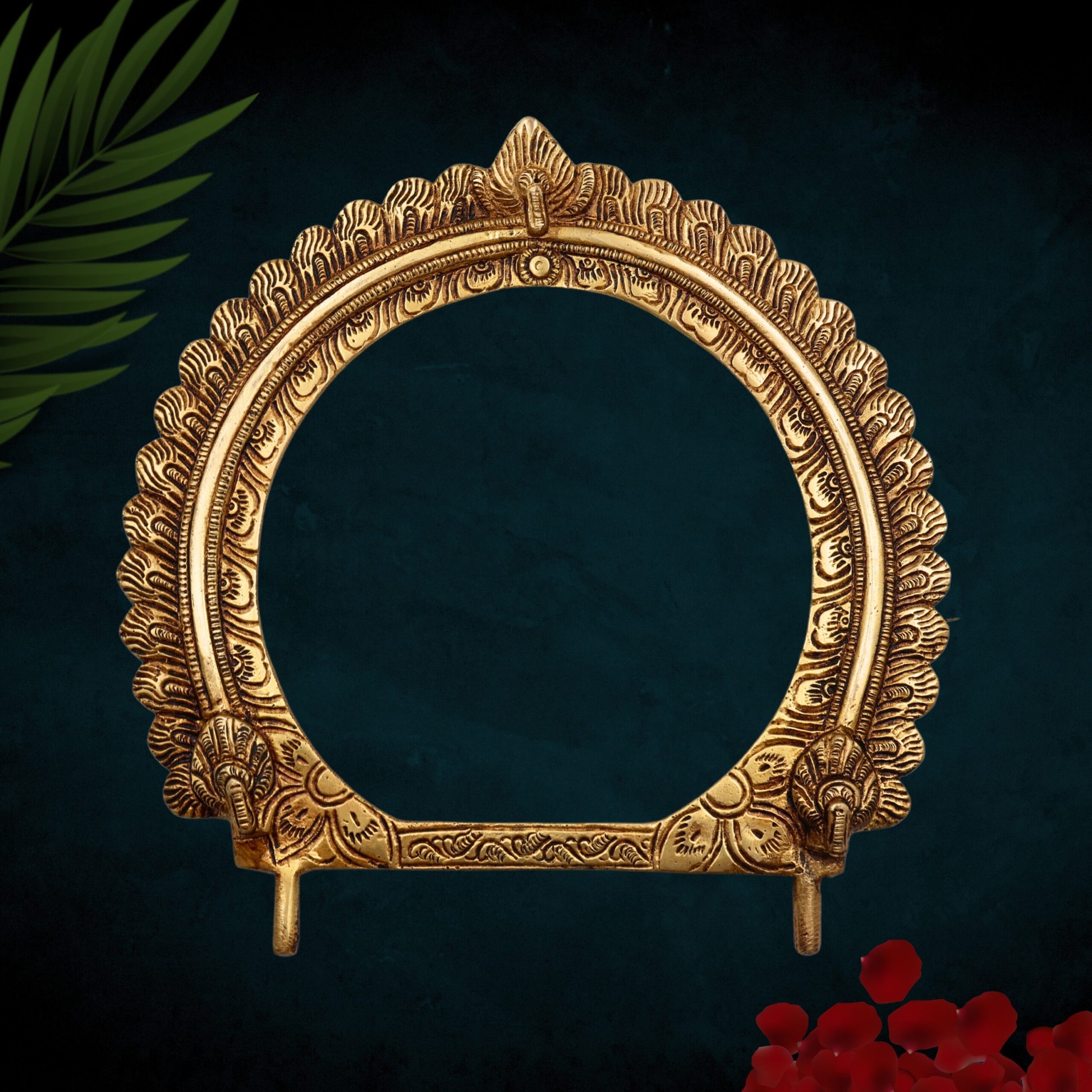 Bhunes Brass Prabhavali Frame Arch Round – Traditional Prabhawali Wall Hanging For Temple & Home Decor | Prabhaval Backdrop For Deity Idol With Kirtimukha Design, Gold, 10 Inch, 1 Piece