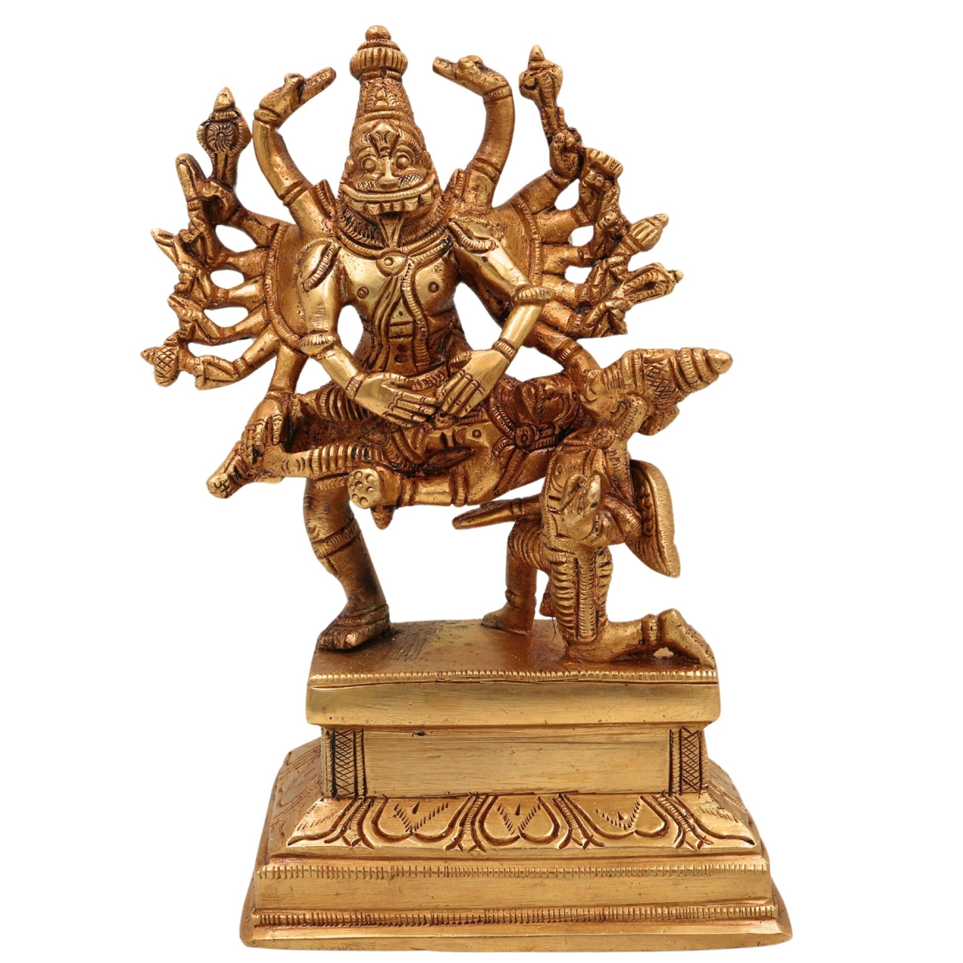 Brass Handcrafted Lord Narasimha Swamy Idol Killing Hiranyakashipu – Pital Yoga-Narasimha Murti for Pooja & Decor, Gold, 7 Inch, 1 Piece