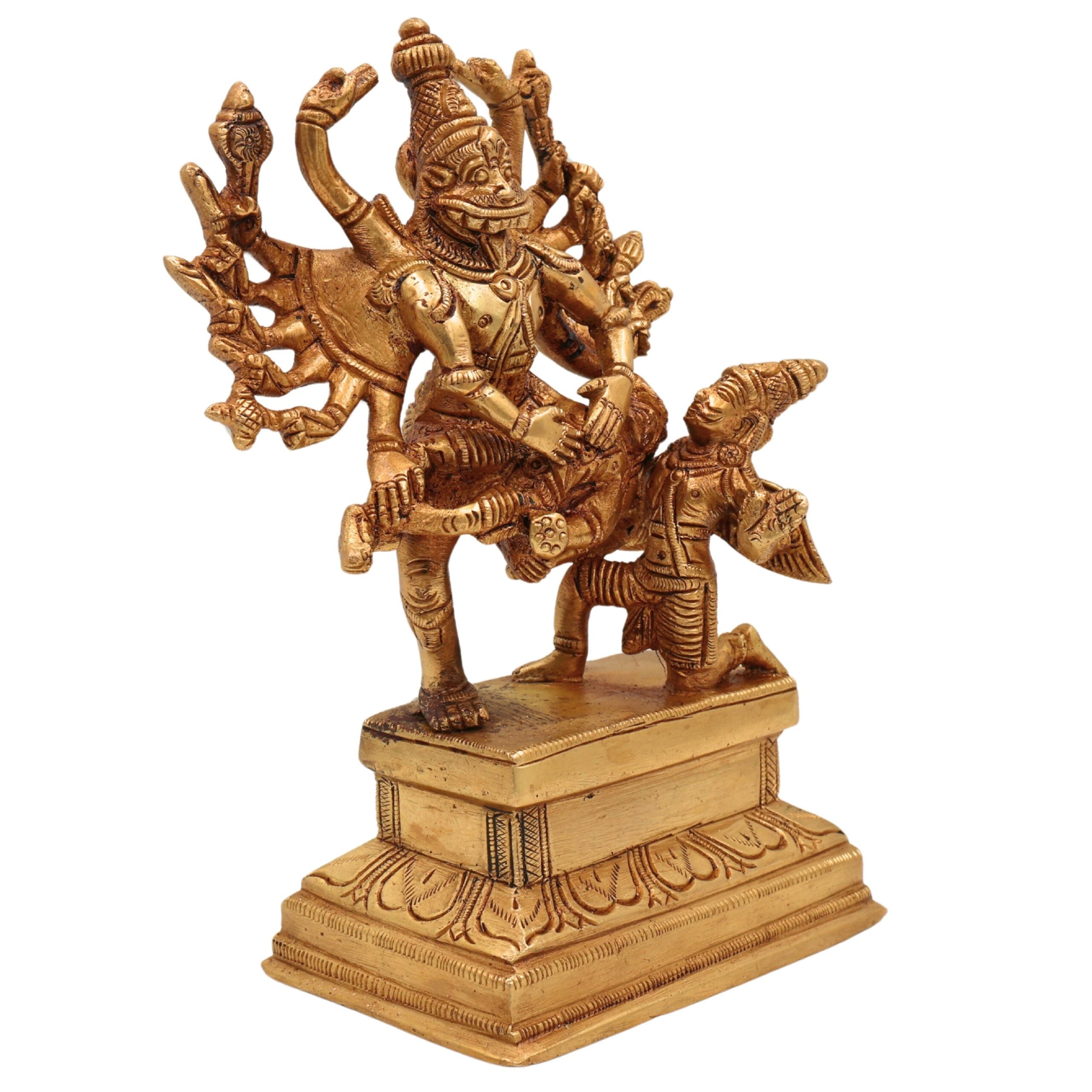 Brass Handcrafted Lord Narasimha Swamy Idol Killing Hiranyakashipu – Pital Yoga-Narasimha Murti for Pooja & Decor, Gold, 7 Inch, 1 Piece