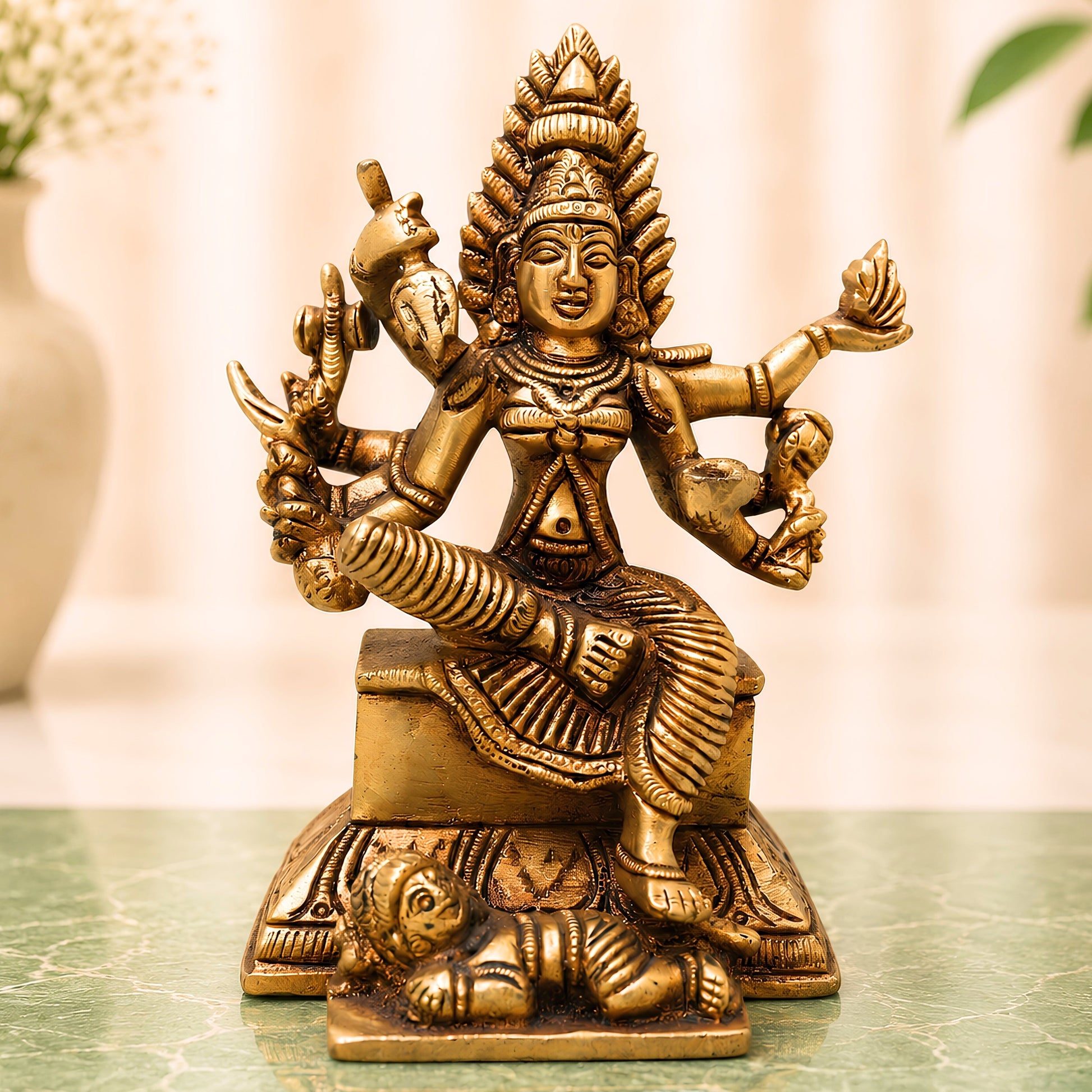 Premium Brass Mariamman Idol, Mariyamma Shakti Amma Muthu Mariamman Vigraham, Renuka Yellamma Kariamman Pital Moorthi, South Indian Hindu Goddess Statue for Pooja Home Decor Gift,Gold, 5 Inch, 1 Piece