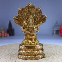 Brass Goddess Mariamman Idol on Sheshnag, Mariamma, Mariyammal, Maari Amman Murti, South Indian Temple Statue, Home Decor, Spiritual Gift,Gold, 10.5 Inch, 1 Piece
