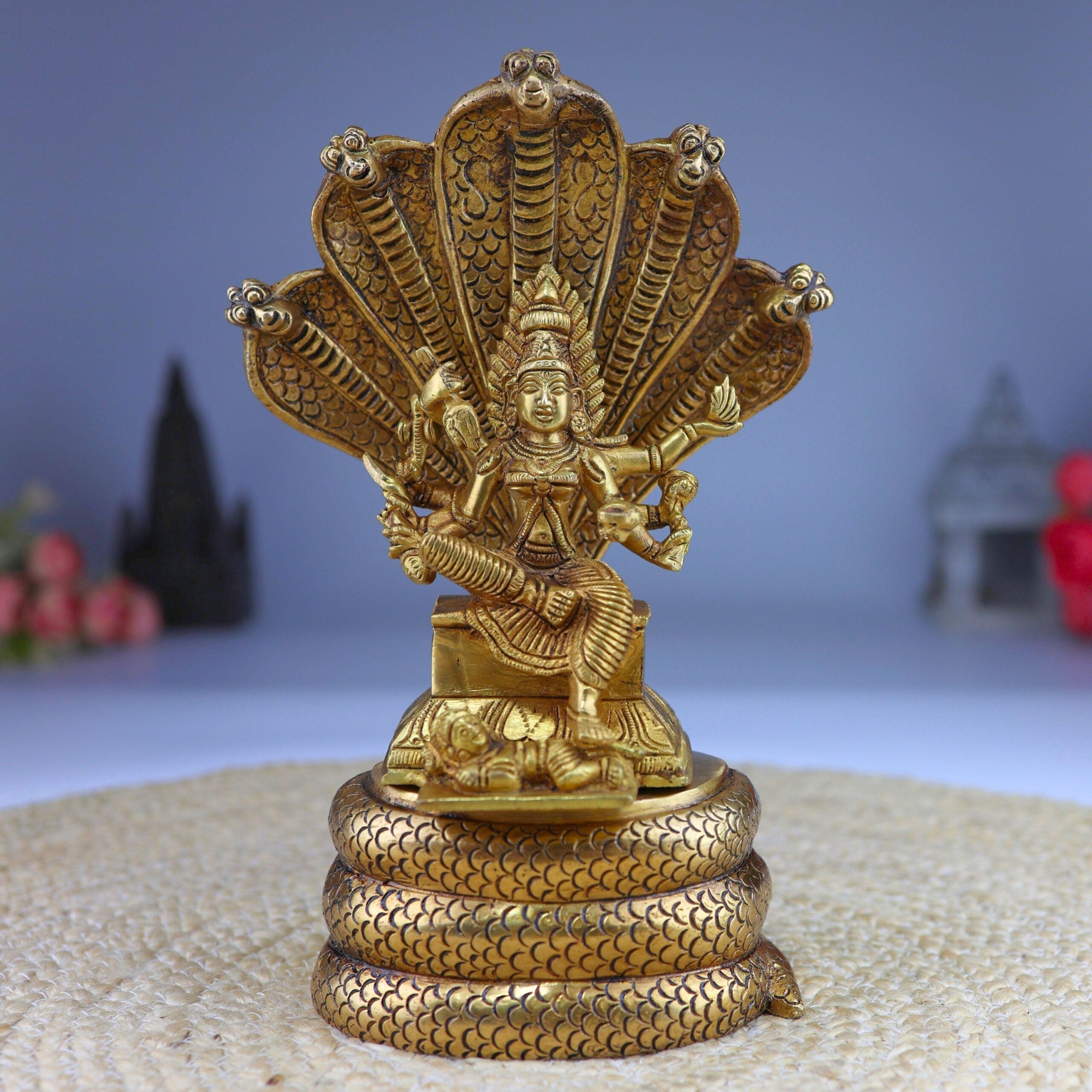 Brass Goddess Mariamman Idol on Sheshnag, Mariamma, Mariyammal, Maari Amman Murti, South Indian Temple Statue, Home Decor, Spiritual Gift,Gold, 10.5 Inch, 1 Piece