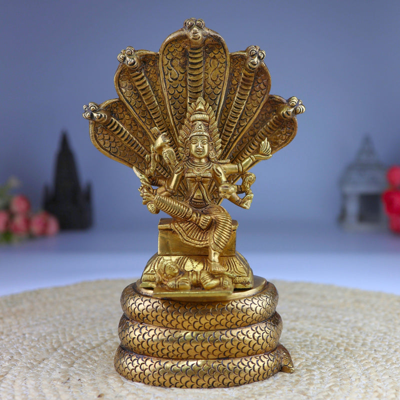 Brass Goddess Mariamman Idol on Sheshnag, Mariamma, Mariyammal, Maari Amman Murti, South Indian Temple Statue, Home Decor, Spiritual Gift,Gold, 10.5 Inch, 1 Piece