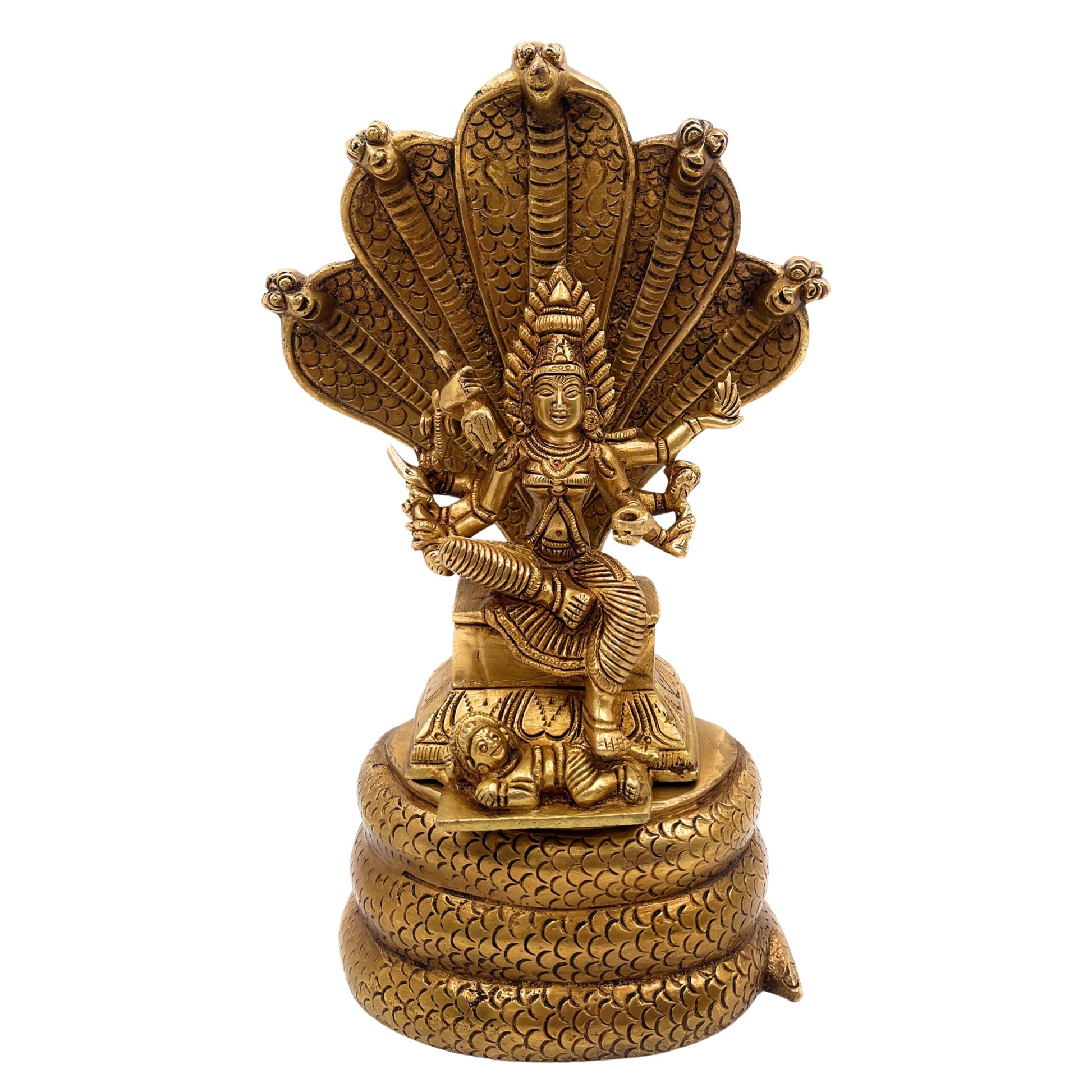 Brass Goddess Mariamman Idol on Sheshnag, Mariamma, Mariyammal, Maari Amman Murti, South Indian Temple Statue, Home Decor, Spiritual Gift,Gold, 10.5 Inch, 1 Piece