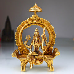 Brass Handcrafted Rajarajeshwari Idol | Tripura Sundari | Lalita Devi | With Peetha & Prabhavali, Gold, 7.5 Inch, 1 Piece