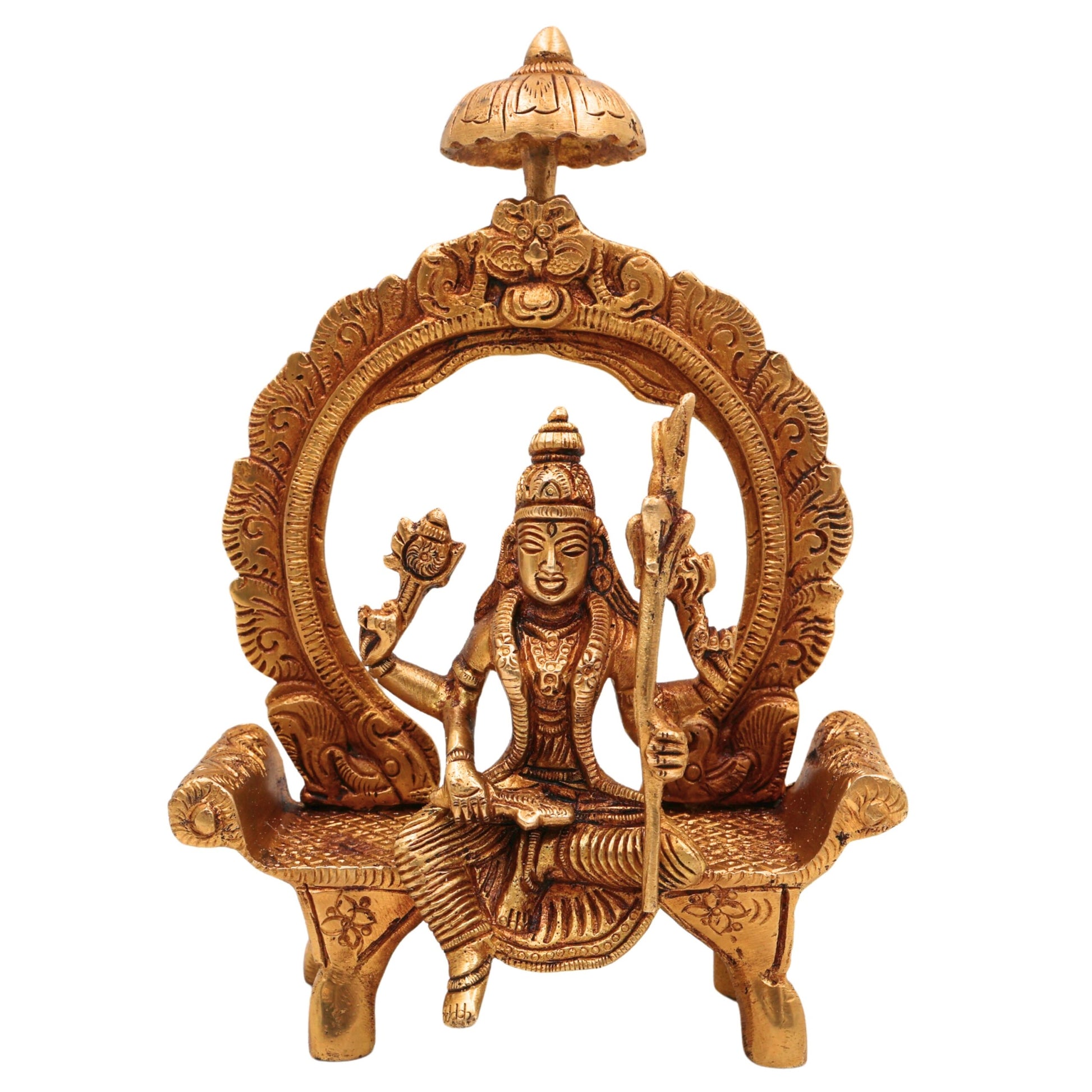 Brass Handcrafted Rajarajeshwari Idol | Tripura Sundari | Lalita Devi | With Peetha & Prabhavali, Gold, 7.5 Inch, 1 Piece