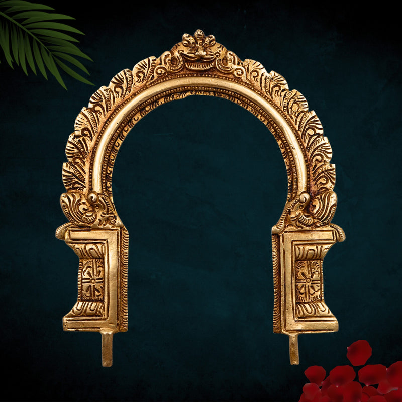 Handcrafted Brass Prabhavali Arch Frame for God Idols, Traditional Temple Backdrop, Deity Halo, Pooja Decor, Wall Hanging, Gold, 9 Inch, 1 Piece