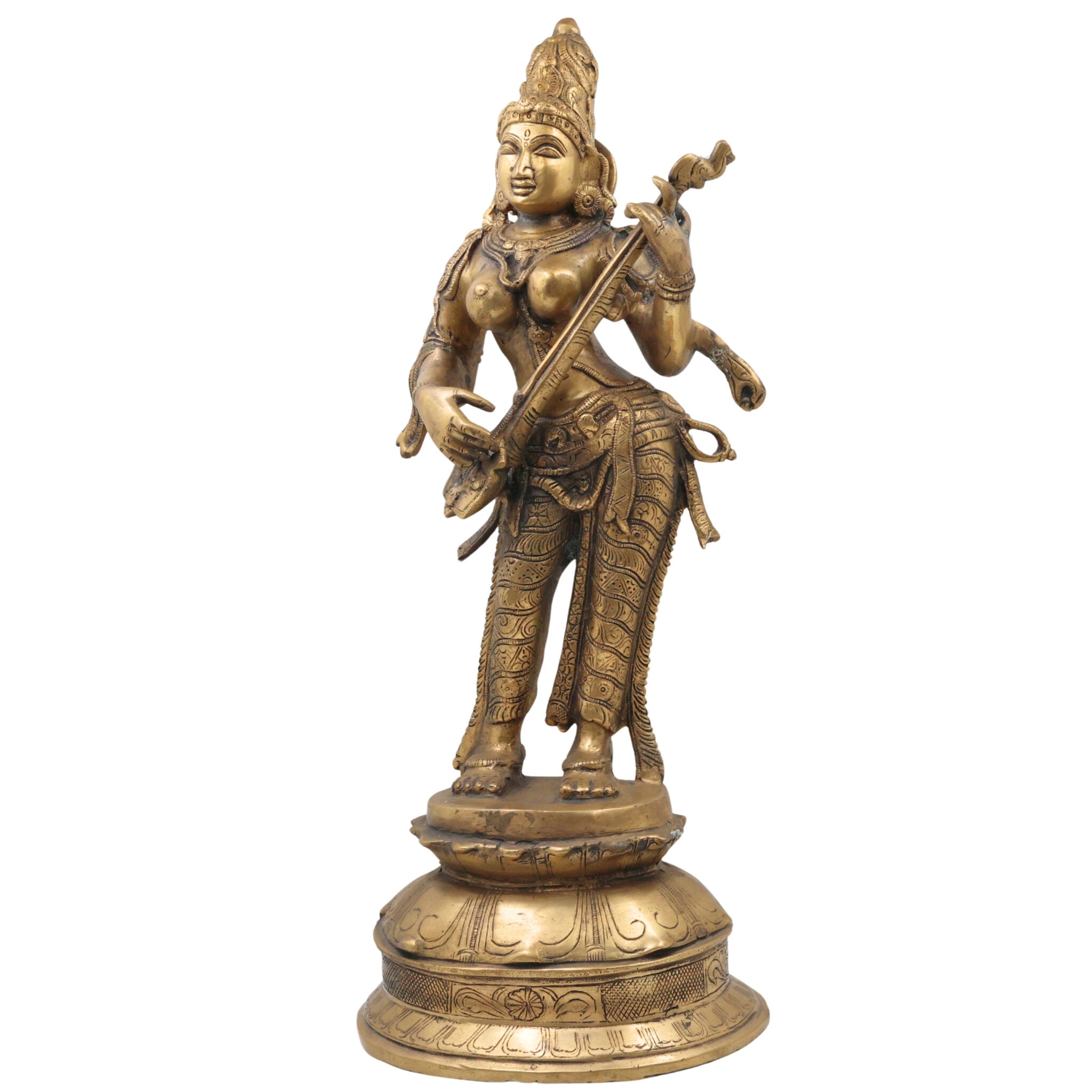Bhunes Brass Goddess Saraswati Idol, Sarasvati Statue, Vidya Devi, Saraswathi Vigraha For Pooja And Home Decor,Gold, 22 Inch, 1 Piece