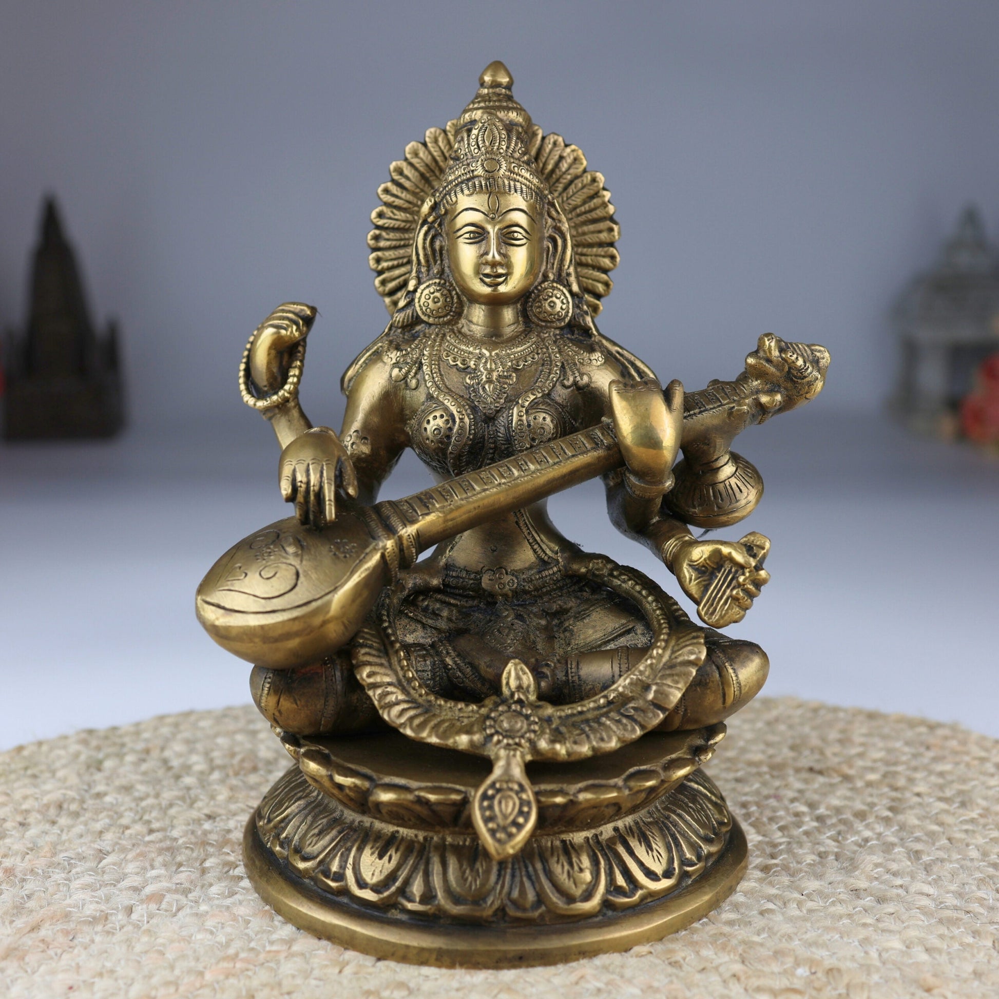 Brass Saraswati Idol, Maa Saraswati Murti, Sharada Statue, Vagdevi Vidya Devi Sculpture, Veena Pustak Dharini Idol, Goddess of Knowledge & WisdomGold, 10 Inch, 1 Piece