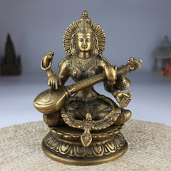 Brass Saraswati Idol, Maa Saraswati Murti, Sharada Statue, Vagdevi Vidya Devi Sculpture, Veena Pustak Dharini Idol, Goddess of Knowledge & WisdomGold, 10 Inch, 1 Piece