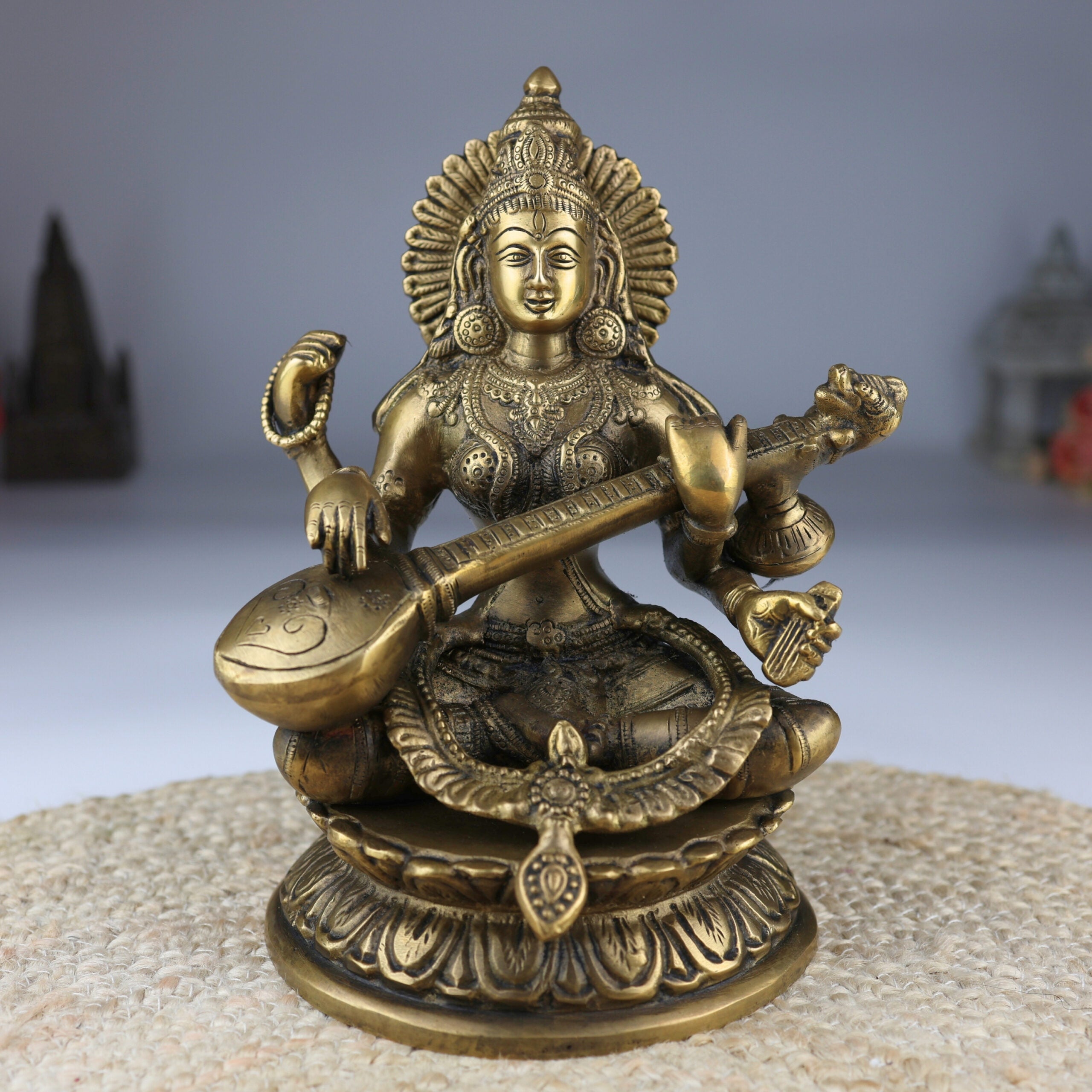 Brass Saraswati Idol, Maa Saraswati Murti, Sharada Statue, Vagdevi Vidya Devi Sculpture, Veena Pustak Dharini Idol, Goddess of Knowledge & WisdomGold, 10 Inch, 1 Piece