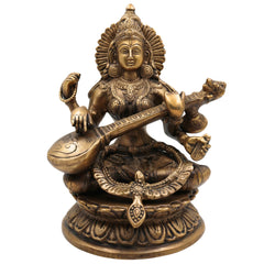 Brass Saraswati Idol, Maa Saraswati Murti, Sharada Statue, Vagdevi Vidya Devi Sculpture, Veena Pustak Dharini Idol, Goddess of Knowledge & WisdomGold, 10 Inch, 1 Piece