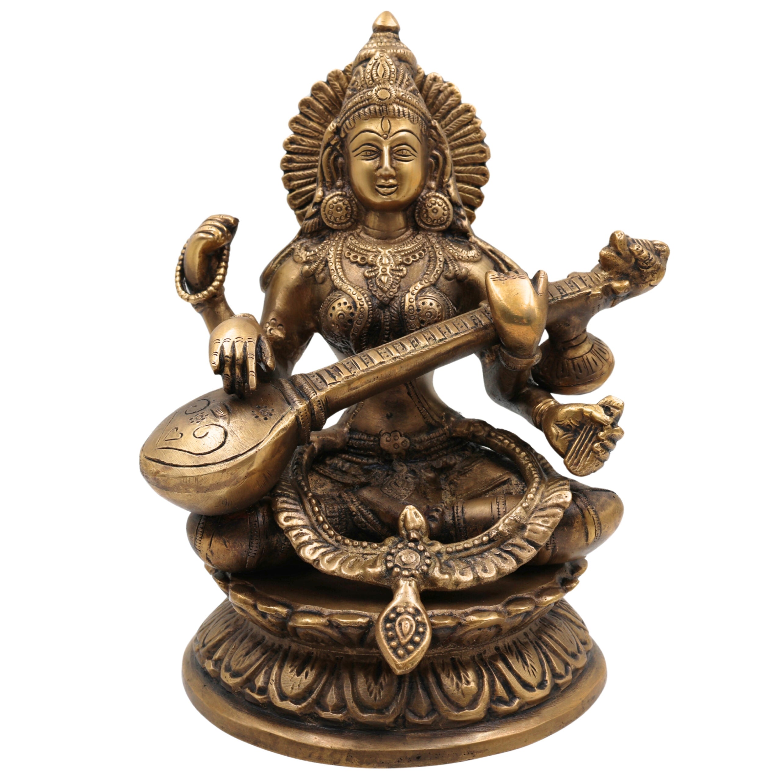 Brass Saraswati Idol, Maa Saraswati Murti, Sharada Statue, Vagdevi Vidya Devi Sculpture, Veena Pustak Dharini Idol, Goddess of Knowledge & WisdomGold, 10 Inch, 1 Piece