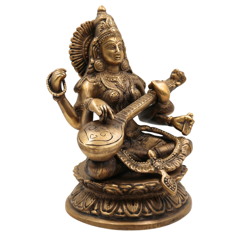 Brass Saraswati Idol, Maa Saraswati Murti, Sharada Statue, Vagdevi Vidya Devi Sculpture, Veena Pustak Dharini Idol, Goddess of Knowledge & WisdomGold, 10 Inch, 1 Piece