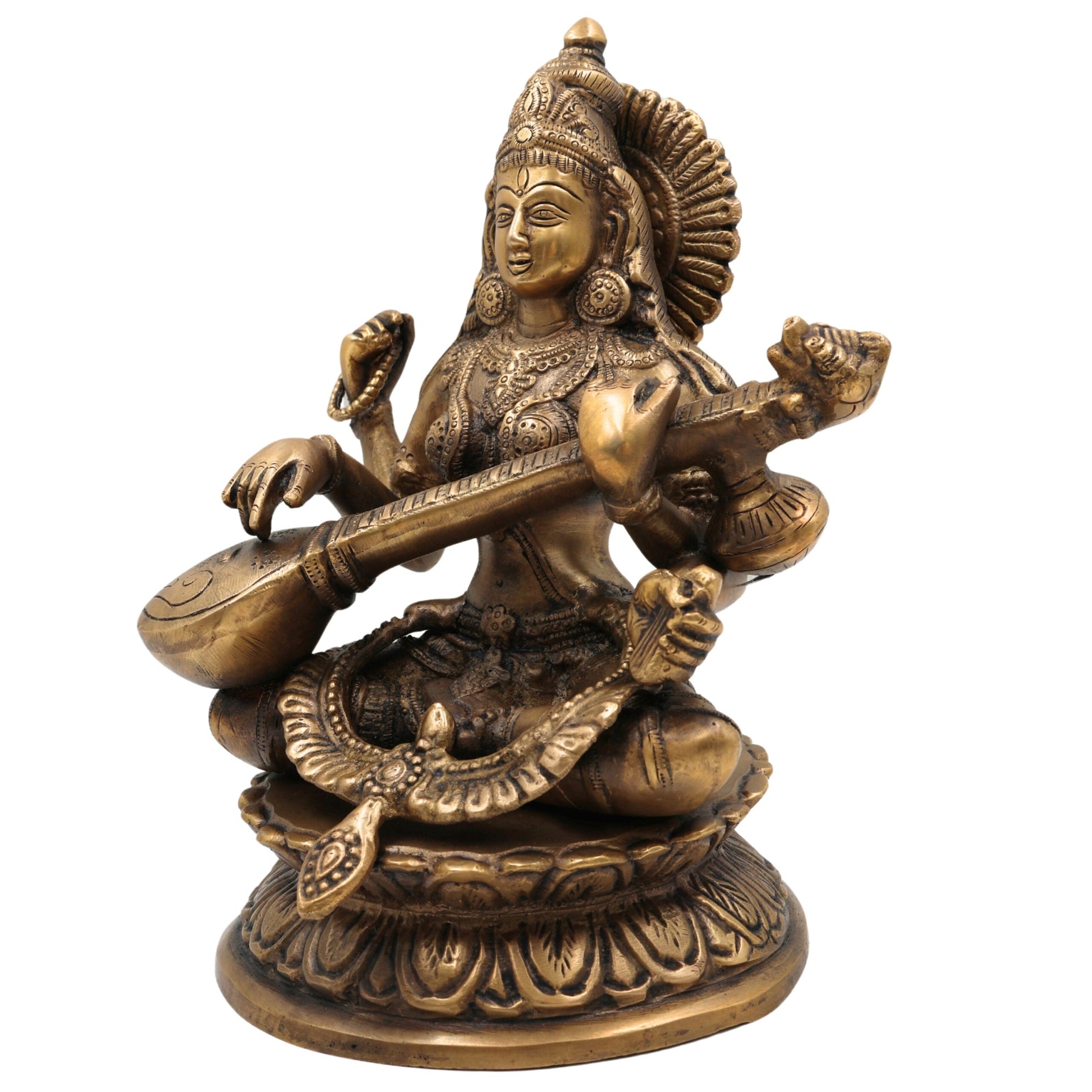 Brass Saraswati Idol, Maa Saraswati Murti, Sharada Statue, Vagdevi Vidya Devi Sculpture, Veena Pustak Dharini Idol, Goddess of Knowledge & WisdomGold, 10 Inch, 1 Piece