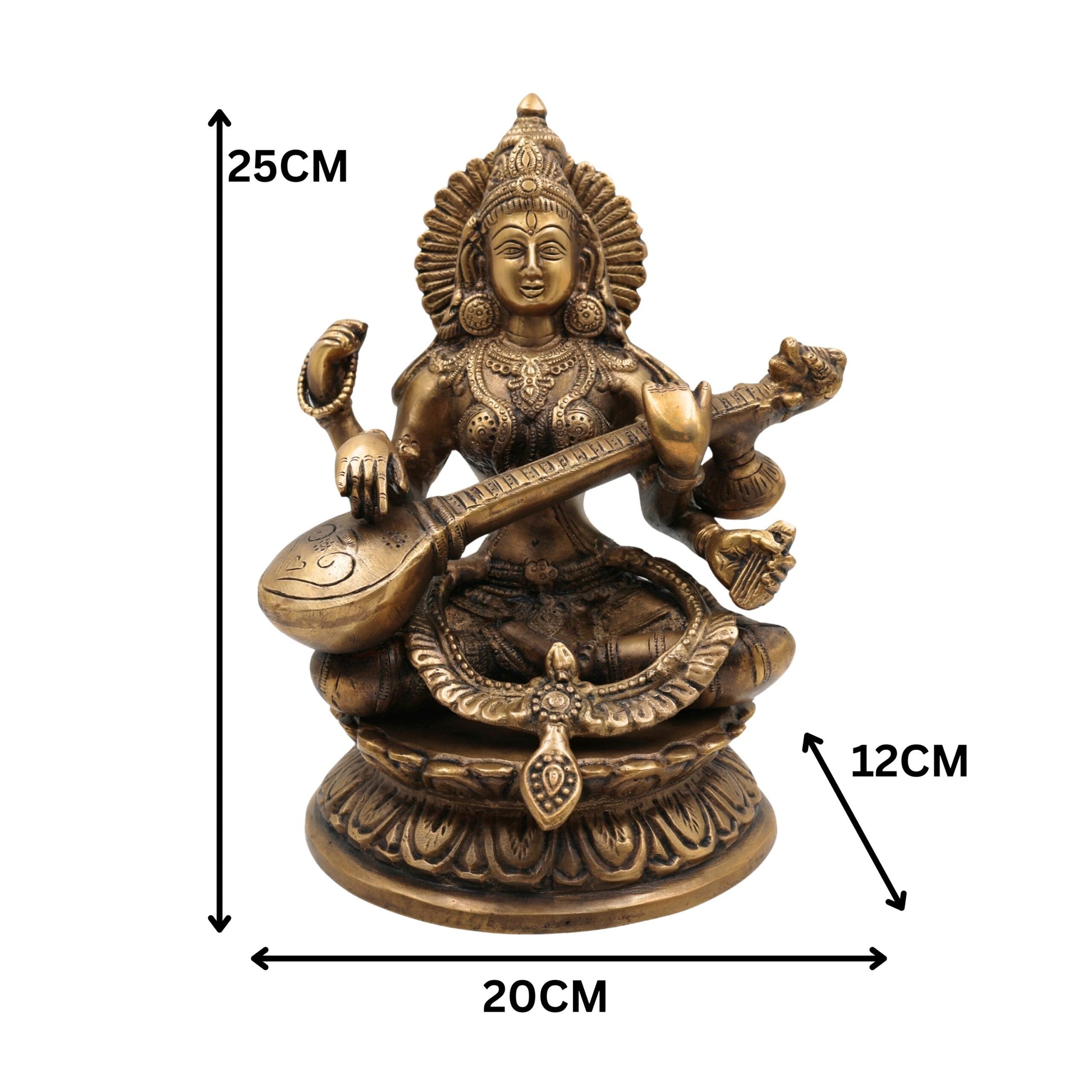 Brass Saraswati Idol, Maa Saraswati Murti, Sharada Statue, Vagdevi Vidya Devi Sculpture, Veena Pustak Dharini Idol, Goddess of Knowledge & WisdomGold, 10 Inch, 1 Piece