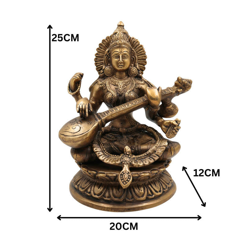 Brass Saraswati Idol, Maa Saraswati Murti, Sharada Statue, Vagdevi Vidya Devi Sculpture, Veena Pustak Dharini Idol, Goddess of Knowledge & WisdomGold, 10 Inch, 1 Piece