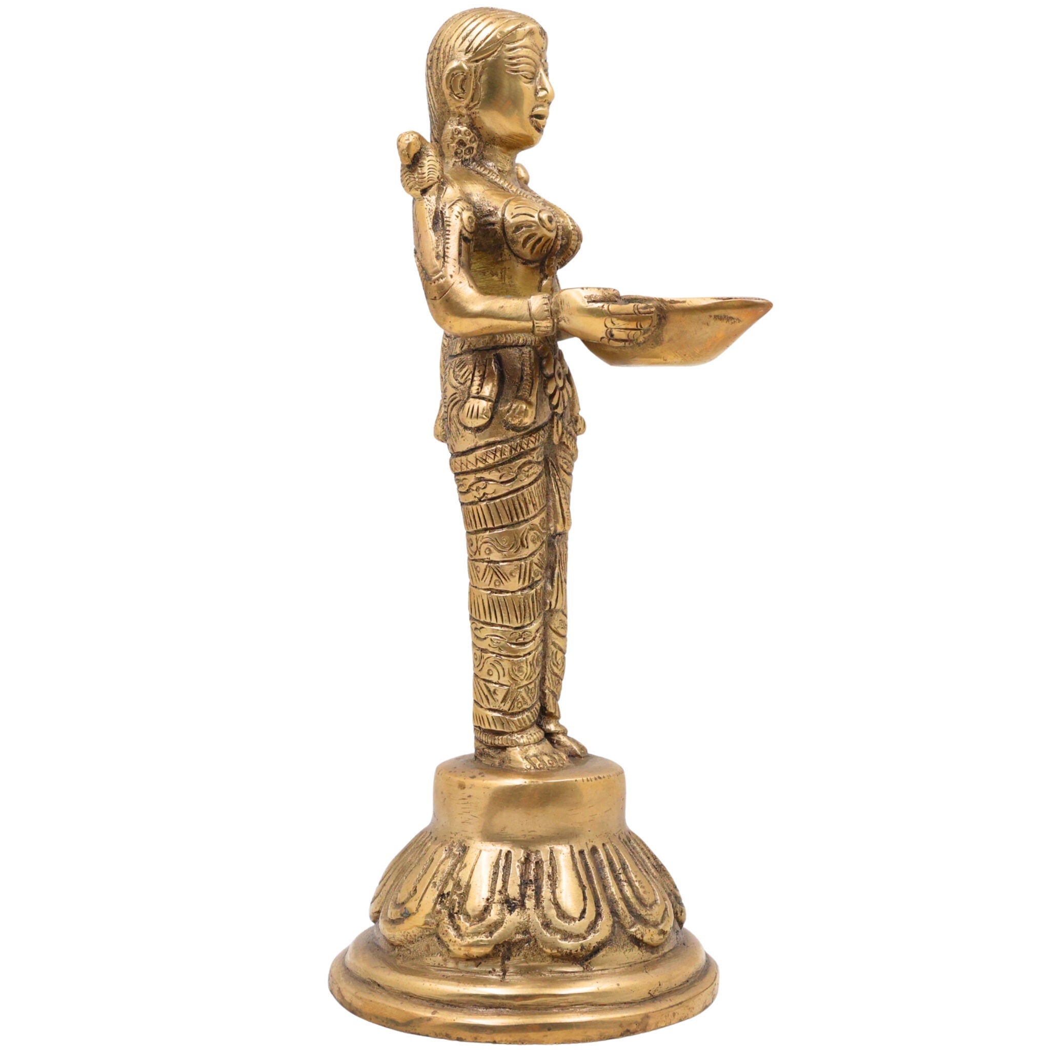 Bhunes Brass Deep Lakshmi, Deep Lady Brass, Lamp Lady, Diya, Lady Standing With Lamps, Deeplakshmi, Deep Laxmi,Gold, 10 Inch, 1 Piece