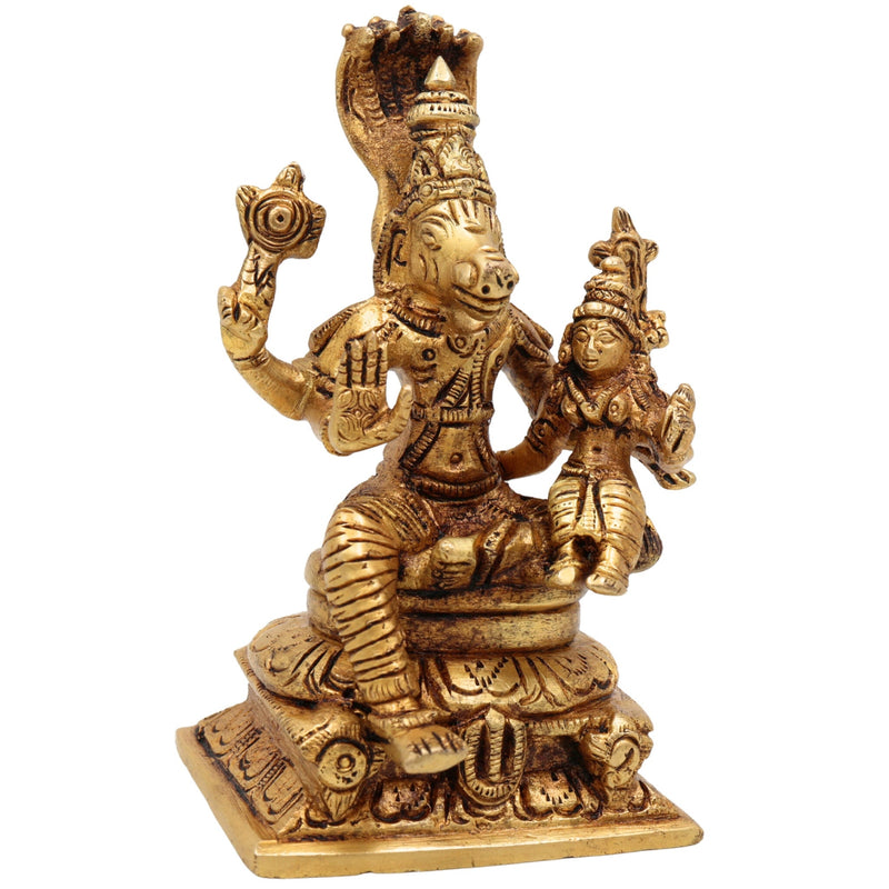 Brass Varaha Bhudevi Idol Vishnu Varaha Swamy Murti Bhu Varaha Perumal Statue Lakshmi Varaha Vigraha Pooja Moorti Home Decor Gift Gold, 4 Inch, 1 Piece