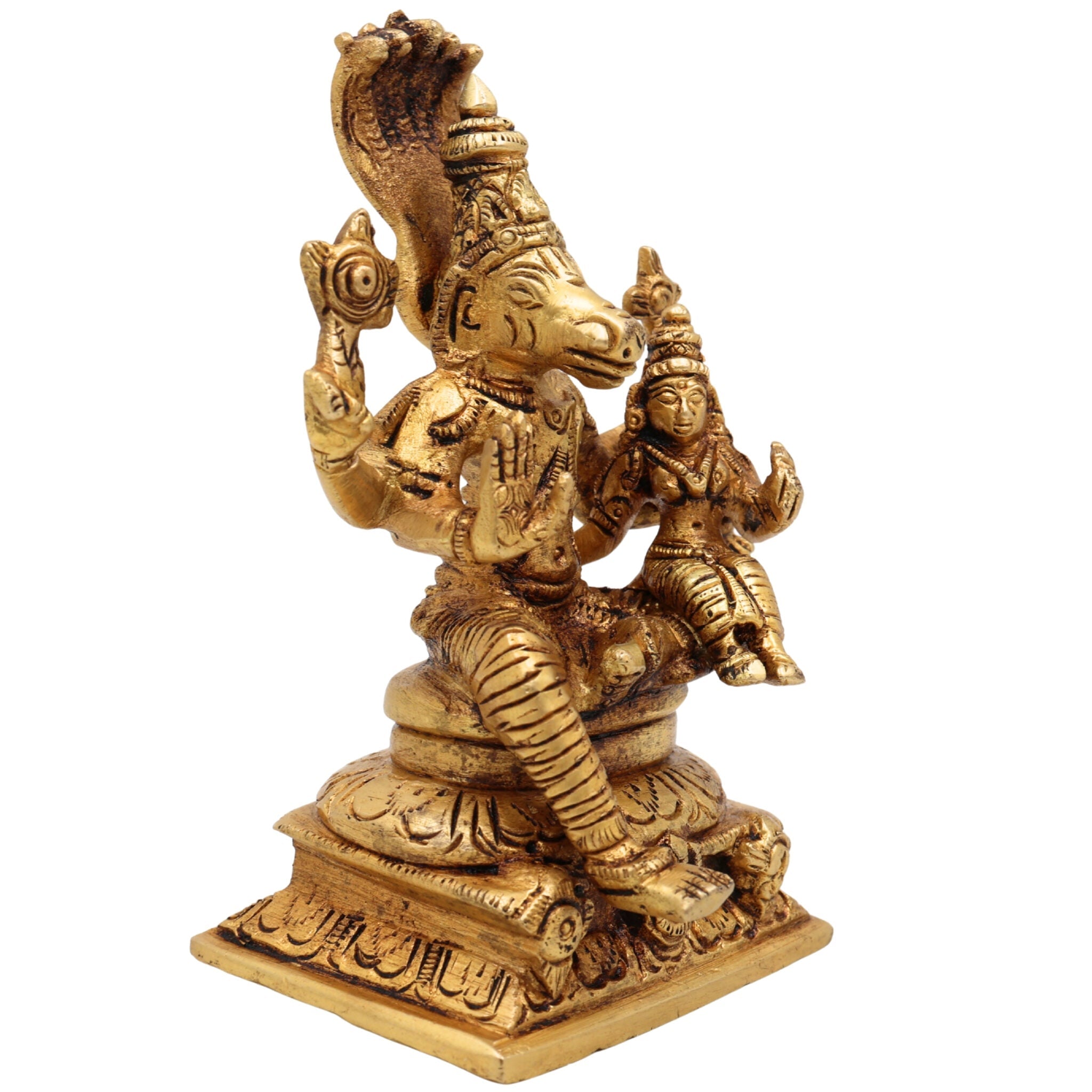 Brass Varaha Bhudevi Idol Vishnu Varaha Swamy Murti Bhu Varaha Perumal Statue Lakshmi Varaha Vigraha Pooja Moorti Home Decor Gift Gold, 4 Inch, 1 Piece