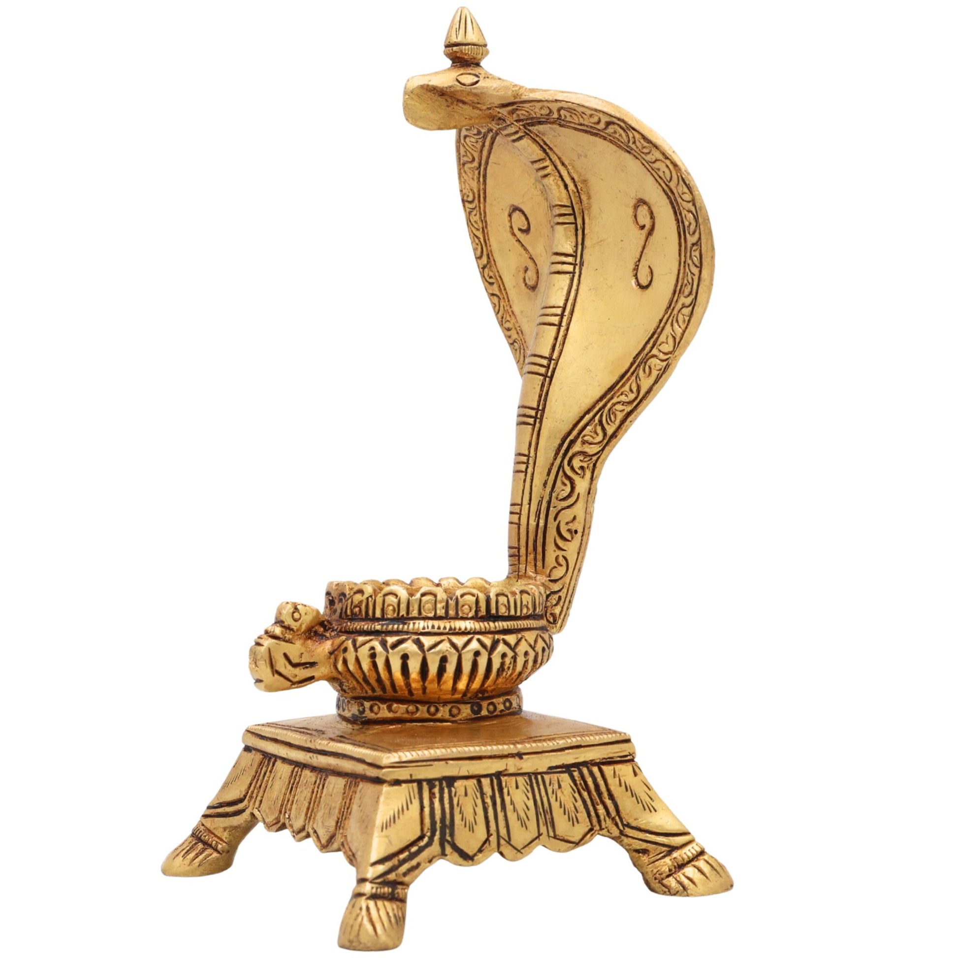 Brass Snake Shaped Pooja Chowki for Shiva Linga & Shaligram, Handmade Naga Singhasan, Peetha, Shinghashan Stand for Temple & Home Mandir, Gold, 7 Inch, 1 Piece