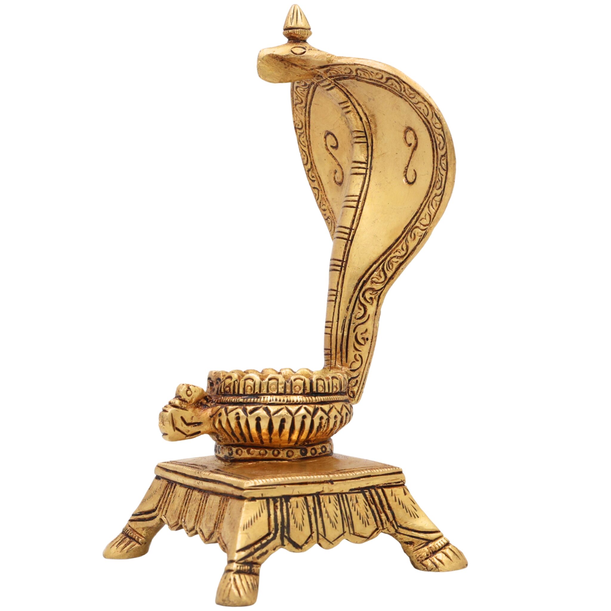 Brass Snake Shaped Pooja Chowki for Shiva Linga & Shaligram, Handmade Naga Singhasan, Peetha, Shinghashan Stand for Temple & Home Mandir, Gold, 7 Inch, 1 Piece