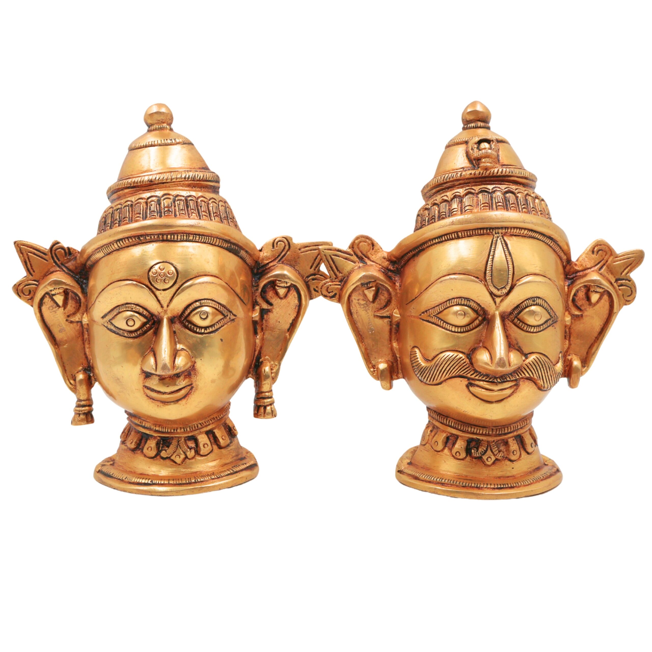Brass Shiva Parvati Head Murti | Gauri Shankar Face Idol | Tamra Shiv Shakti Statue | Ardhanarishwar Handmade Spiritual Decor,Gold, 7 Inch, 1 Piece