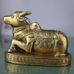 Brass Nandi Idol | Vrishabha Murti | Basava Bull God Statue | Mahisha & Rishabha Murti | Handcrafted Peetal / Ashtadhatu Sculpture,Gold, 4.5 Inch, 1 Piece