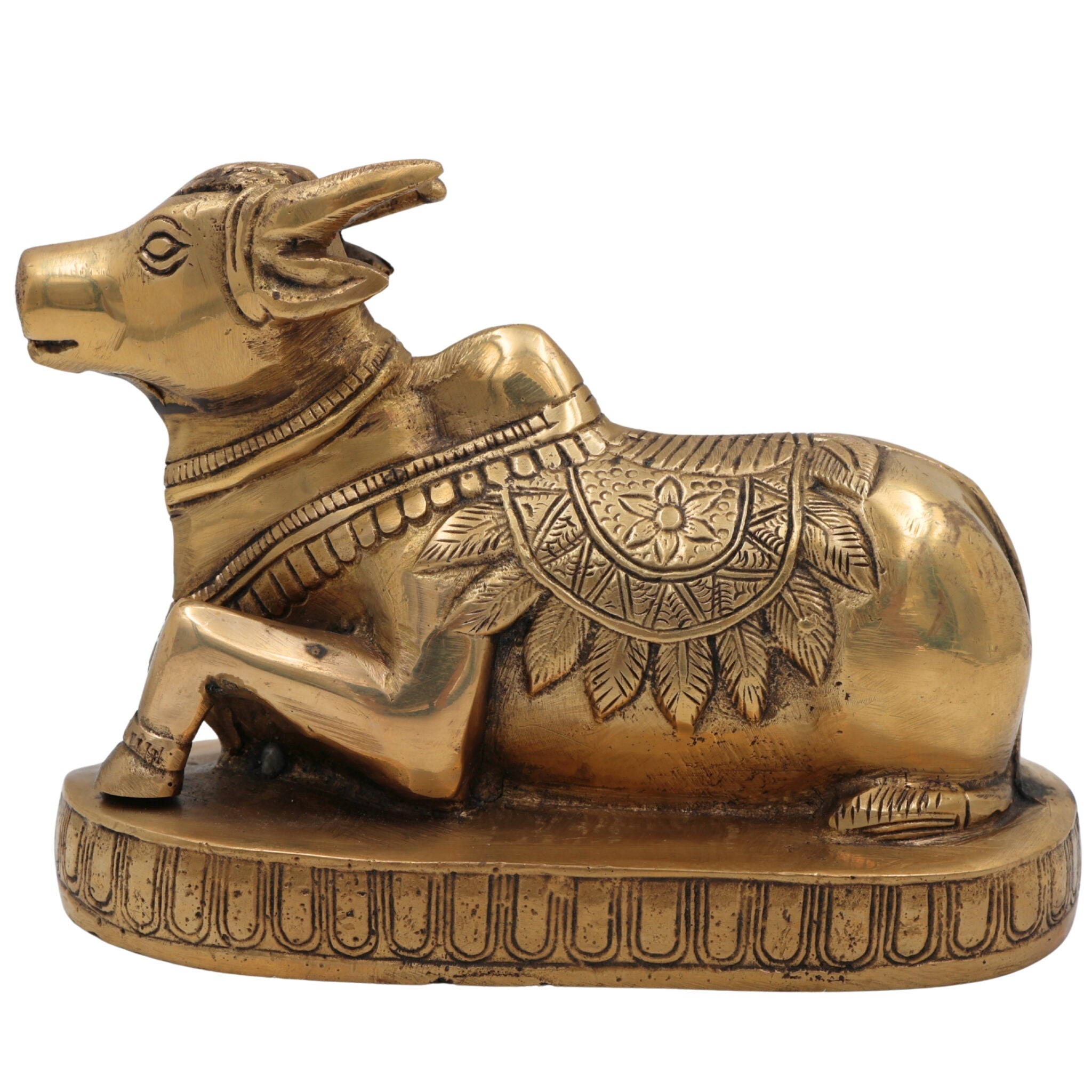 Brass Nandi Idol | Vrishabha Murti | Basava Bull God Statue | Mahisha & Rishabha Murti | Handcrafted Peetal / Ashtadhatu Sculpture,Gold, 4.5 Inch, 1 Piece