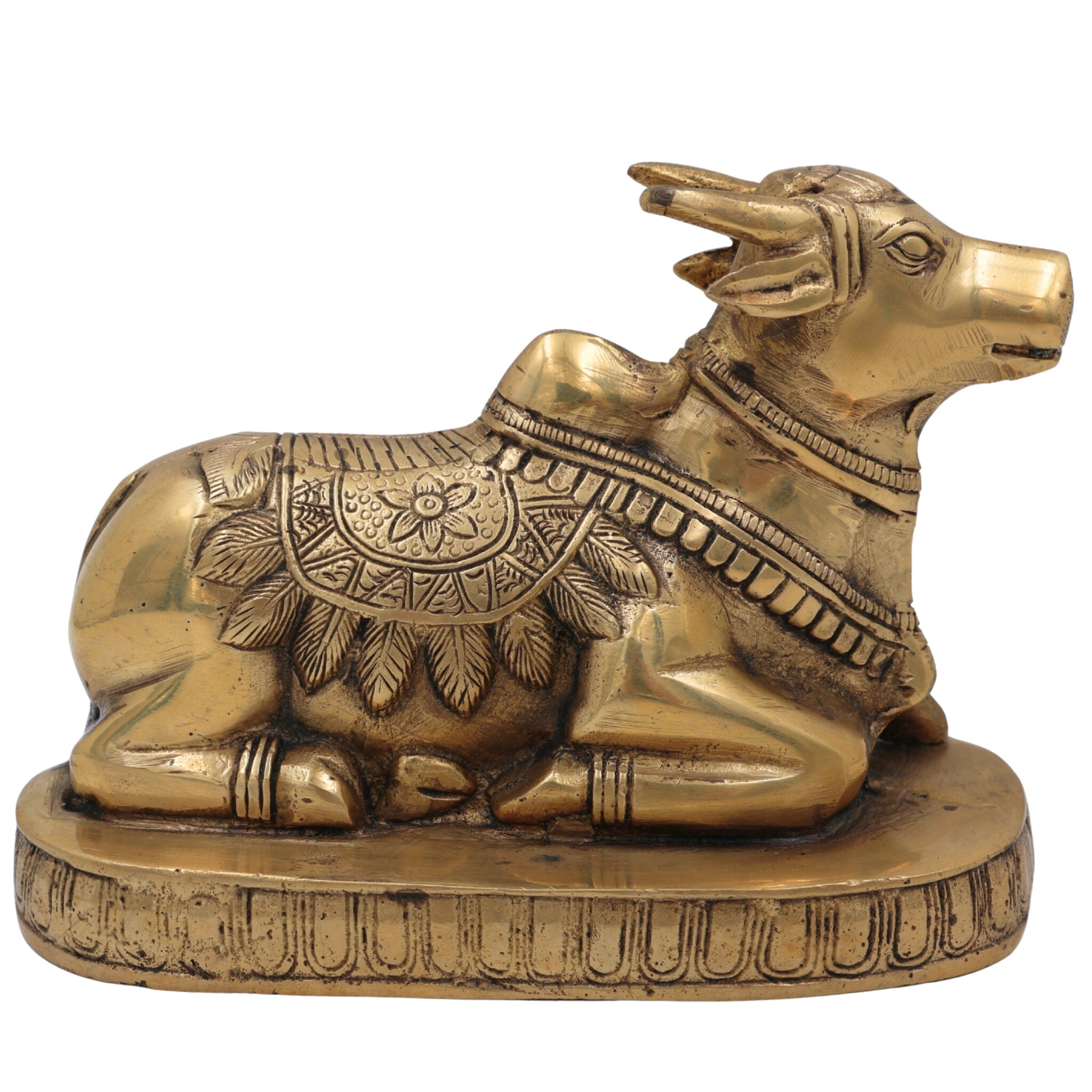 Brass Nandi Idol | Vrishabha Murti | Basava Bull God Statue | Mahisha & Rishabha Murti | Handcrafted Peetal / Ashtadhatu Sculpture,Gold, 4.5 Inch, 1 Piece