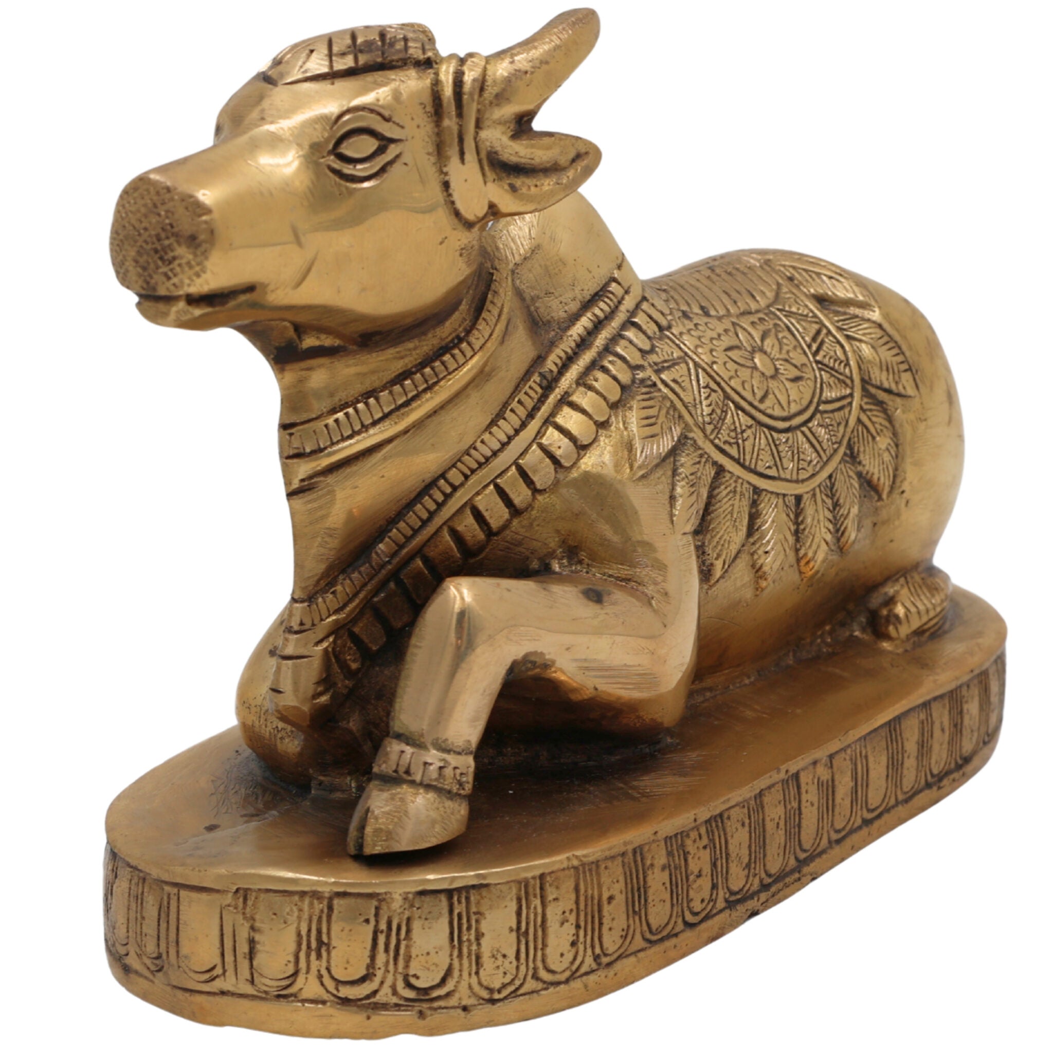 Brass Nandi Idol | Vrishabha Murti | Basava Bull God Statue | Mahisha & Rishabha Murti | Handcrafted Peetal / Ashtadhatu Sculpture,Gold, 4.5 Inch, 1 Piece
