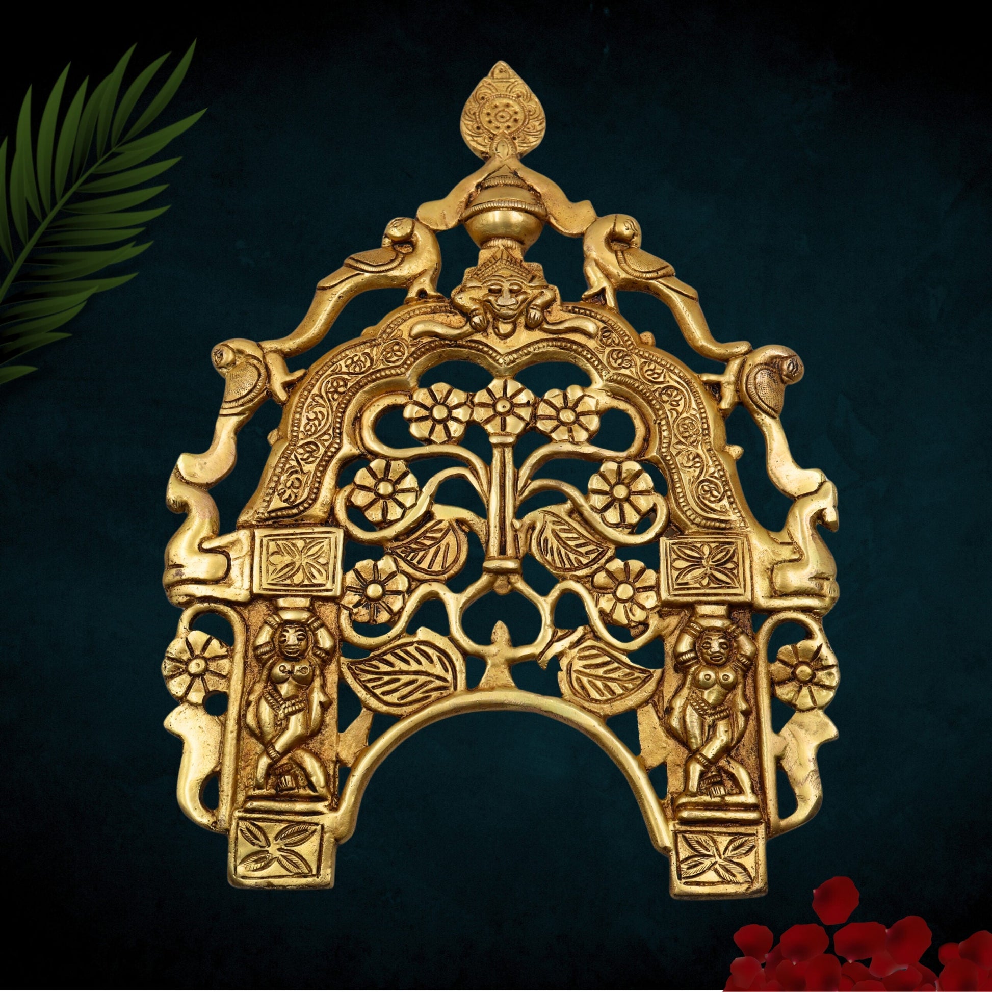 Brass Hand Craved Prabhavali Frame Arch Wall Hanging Prabhawal With Birds And Flowers,Gold, 14 Inch, 1 Piece