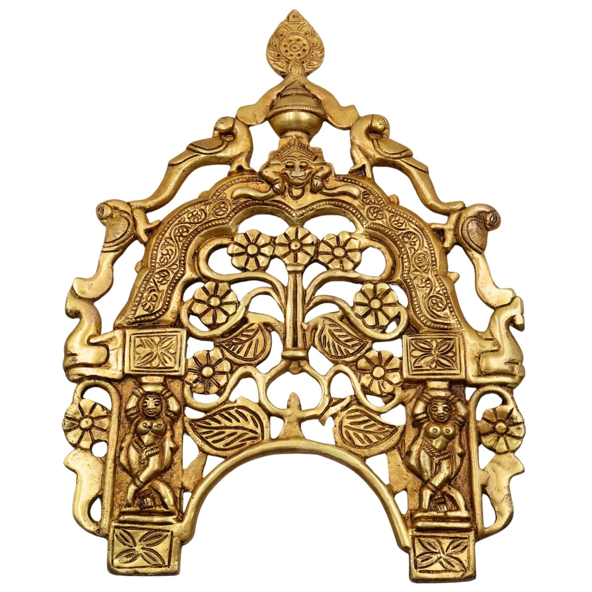 Brass Hand Craved Prabhavali Frame Arch Wall Hanging Prabhawal With Birds And Flowers,Gold, 14 Inch, 1 Piece
