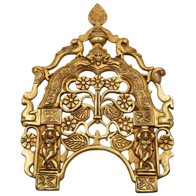 Brass Hand Craved Prabhavali Frame Arch Wall Hanging Prabhawal With Birds And Flowers,Gold, 14 Inch, 1 Piece