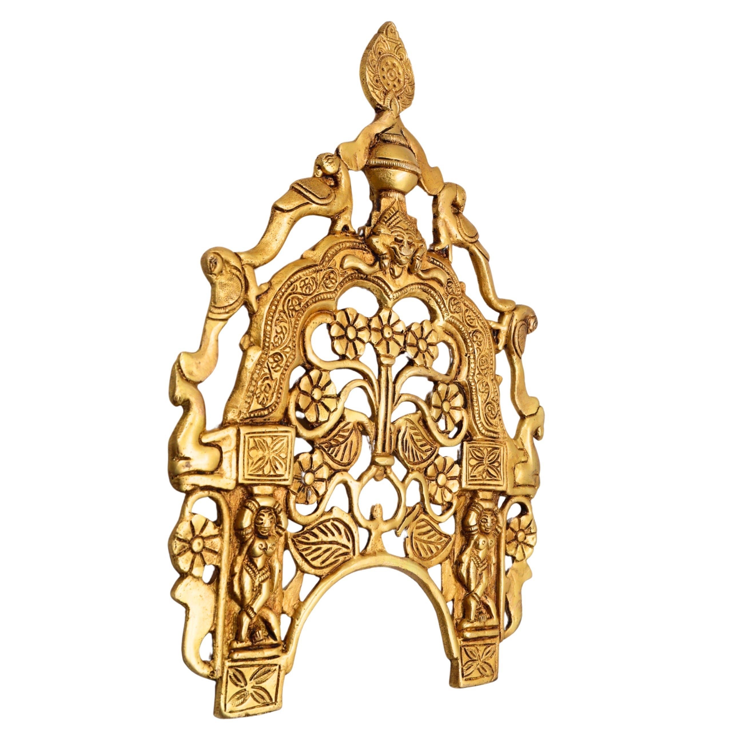 Brass Hand Craved Prabhavali Frame Arch Wall Hanging Prabhawal With Birds And Flowers,Gold, 14 Inch, 1 Piece