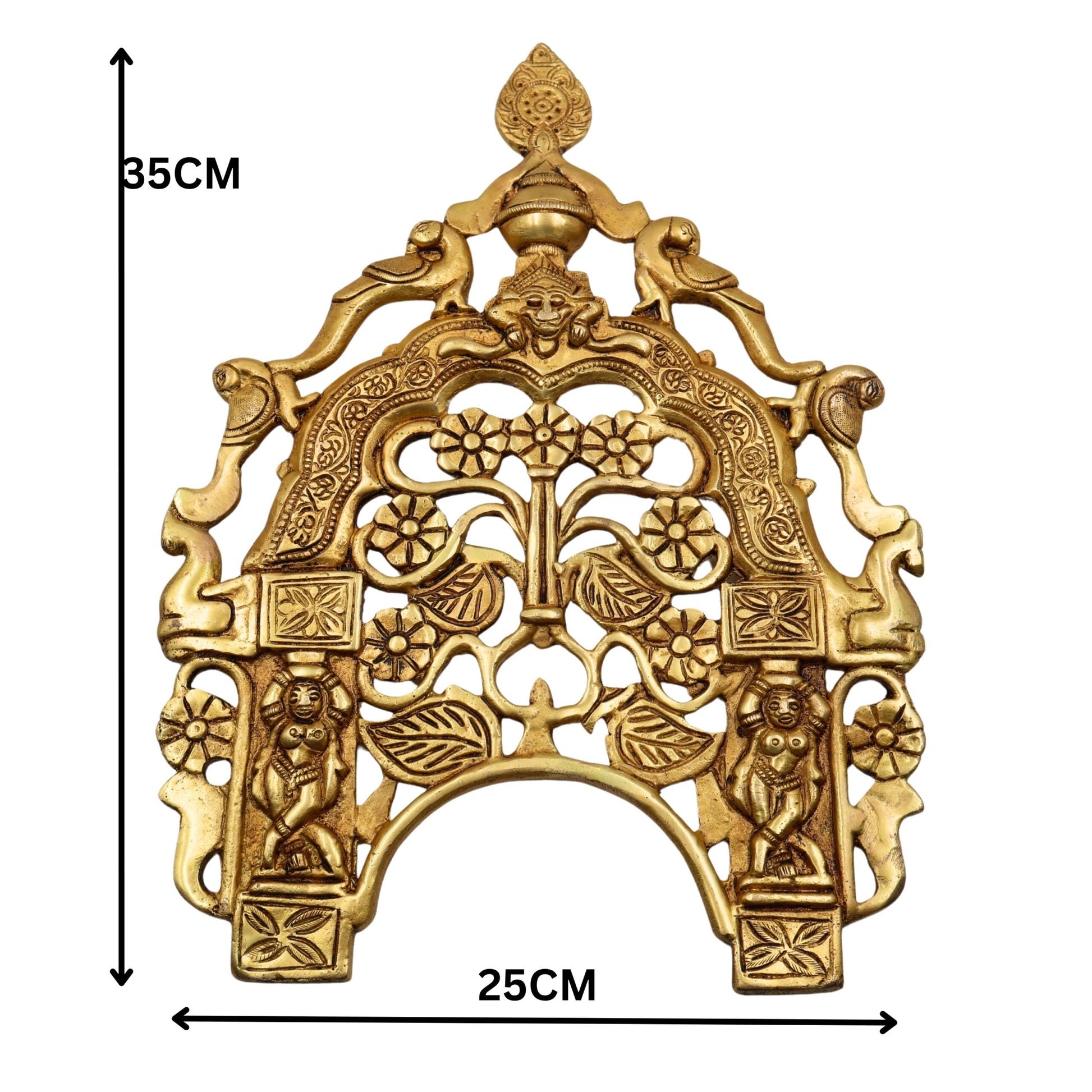 Brass Hand Craved Prabhavali Frame Arch Wall Hanging Prabhawal With Birds And Flowers,Gold, 14 Inch, 1 Piece