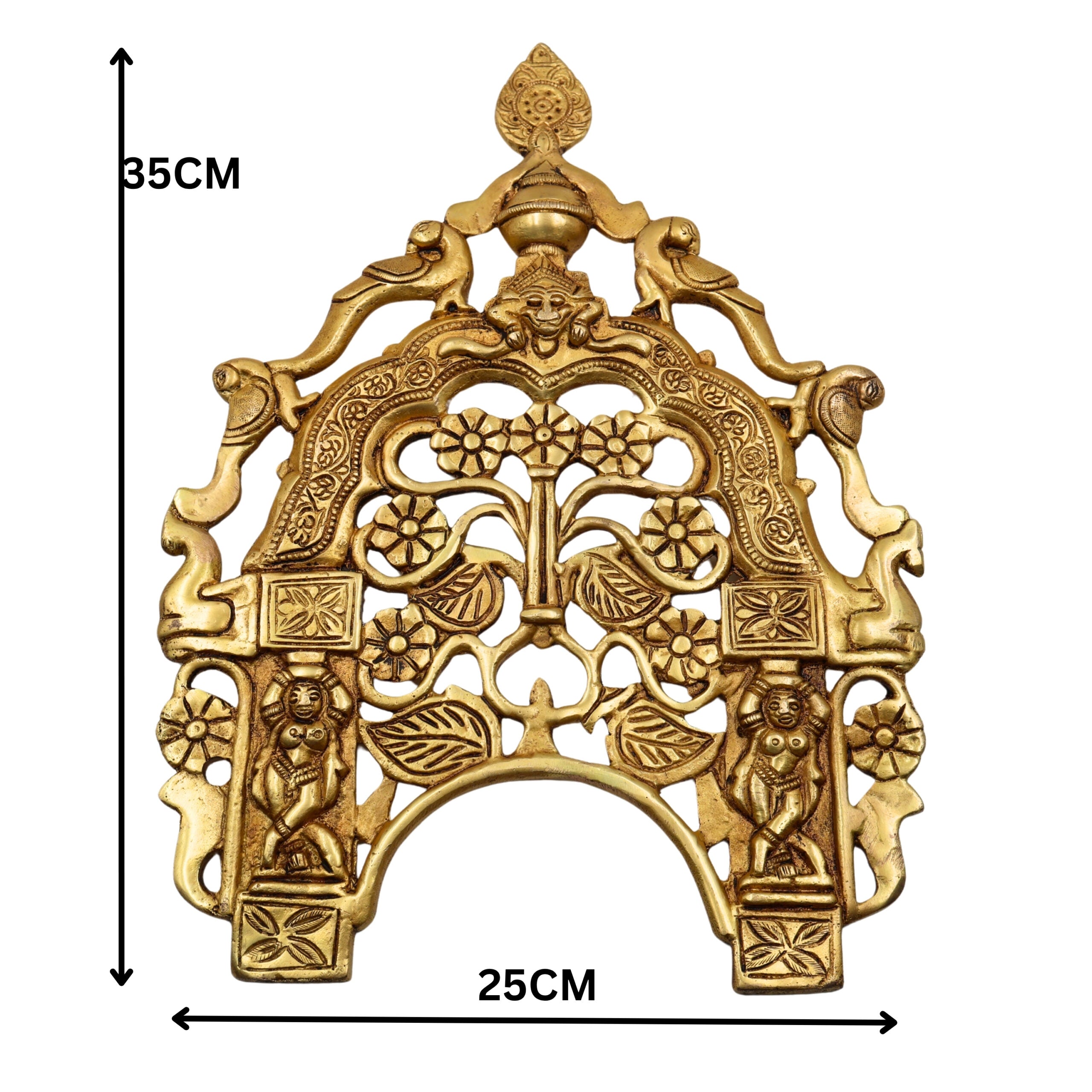 Brass Hand Craved Prabhavali Frame Arch Wall Hanging Prabhawal With Birds And Flowers,Gold, 14 Inch, 1 Piece