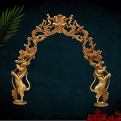 Traditional Brass Prabhavali for Home Temple Wall Decor with Yali Lions | Deity Arch Frame | Makara Torana | Tiruvasi | Pooja Backdrop Aura for Idols, Gold, 15 Inch, 1 Piece