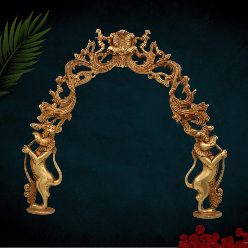 Traditional Brass Prabhavali for Home Temple Wall Decor with Yali Lions | Deity Arch Frame | Makara Torana | Tiruvasi | Pooja Backdrop Aura for Idols, Gold, 15 Inch, 1 Piece