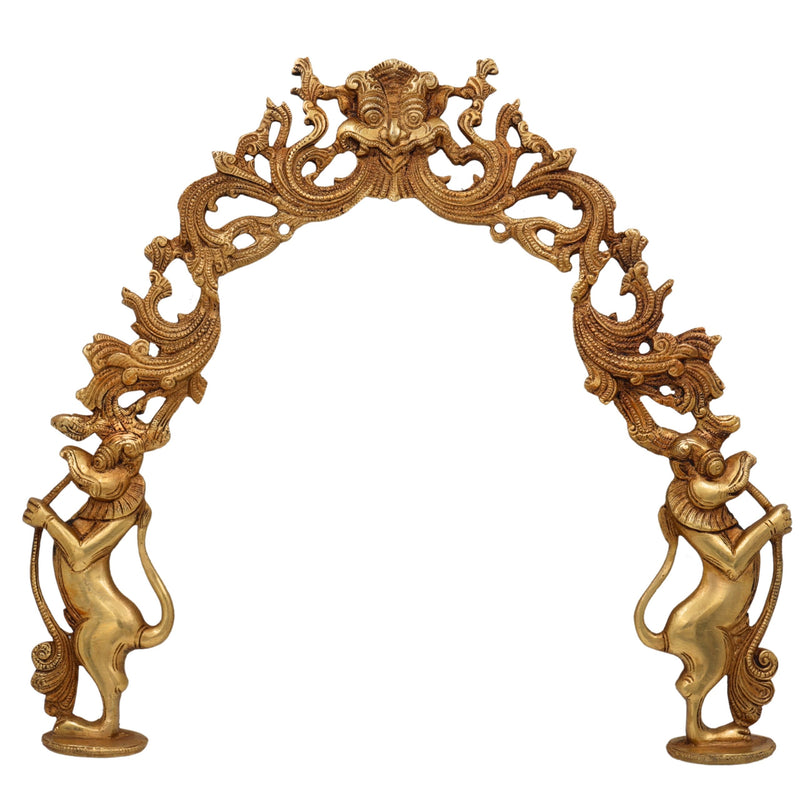 Traditional Brass Prabhavali for Home Temple Wall Decor with Yali Lions | Deity Arch Frame | Makara Torana | Tiruvasi | Pooja Backdrop Aura for Idols, Gold, 15 Inch, 1 Piece