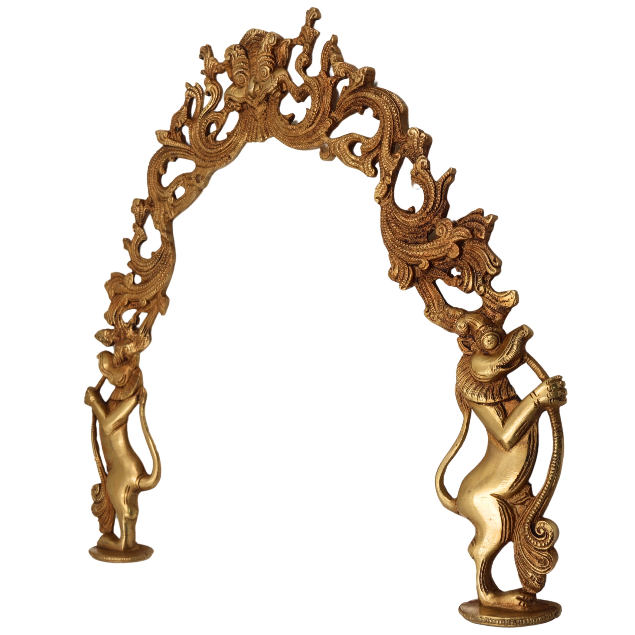 Traditional Brass Prabhavali for Home Temple Wall Decor with Yali Lions | Deity Arch Frame | Makara Torana | Tiruvasi | Pooja Backdrop Aura for Idols, Gold, 15 Inch, 1 Piece