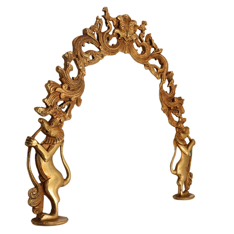 Traditional Brass Prabhavali for Home Temple Wall Decor with Yali Lions | Deity Arch Frame | Makara Torana | Tiruvasi | Pooja Backdrop Aura for Idols, Gold, 15 Inch, 1 Piece